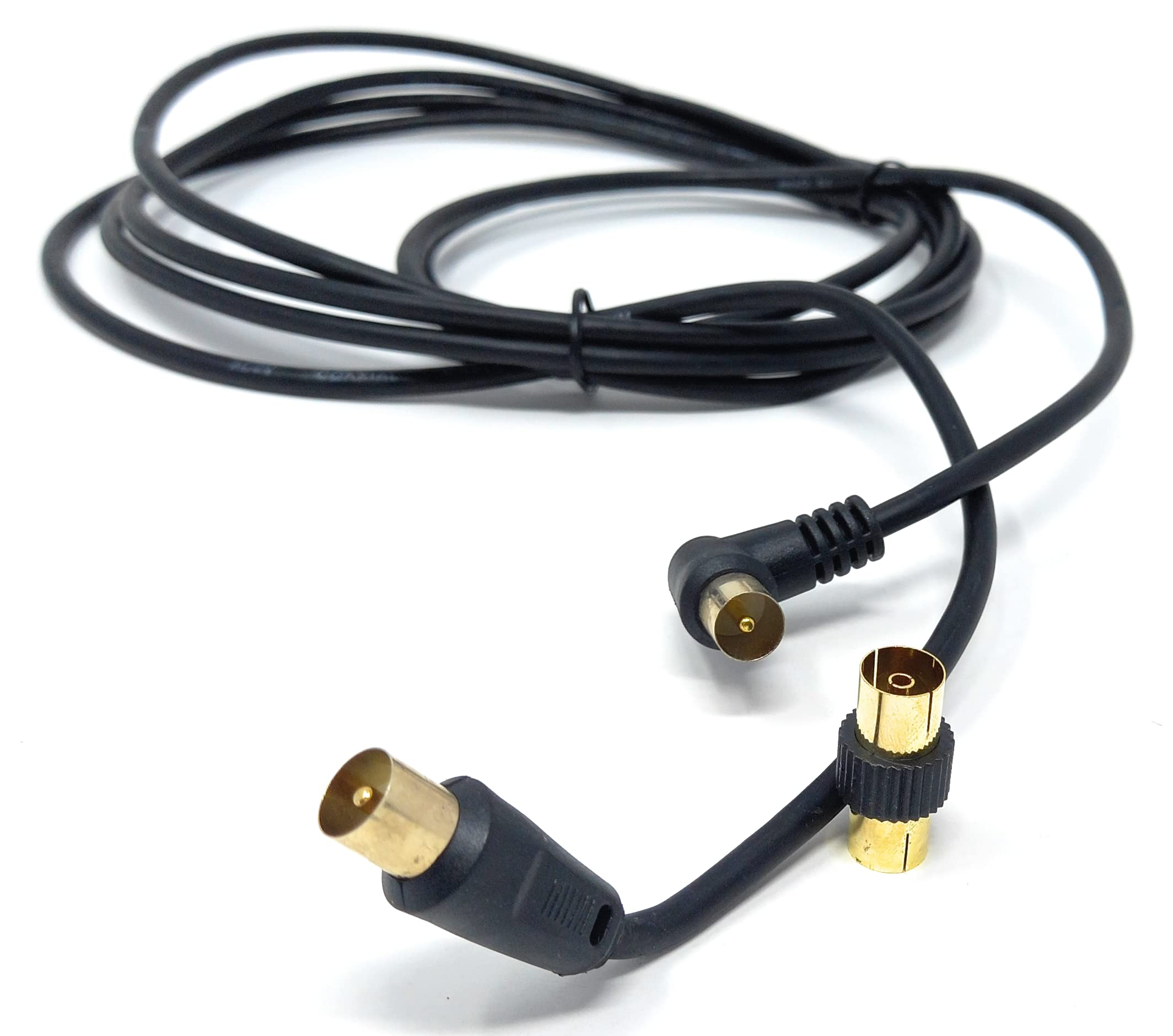 DRUT TV RF Right Angle Male to Male Aerial Antenna Coaxial Cable With Female to Female Coupler Gold Connectors 75 ohm, 3C2V