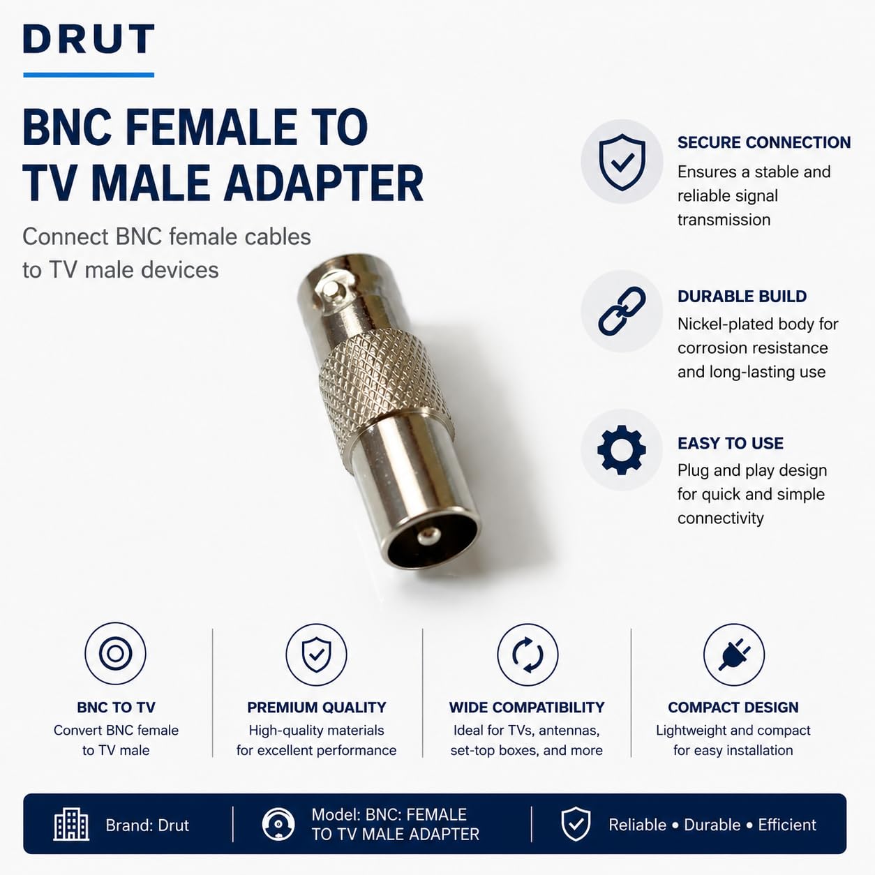 DRUT TV Male Plug to BNC Female Socket Coaxial Adapter Connector, RF Aerial to BNC Converter for CCTV, TV, Video, Radio, and Coaxial Cable Connections