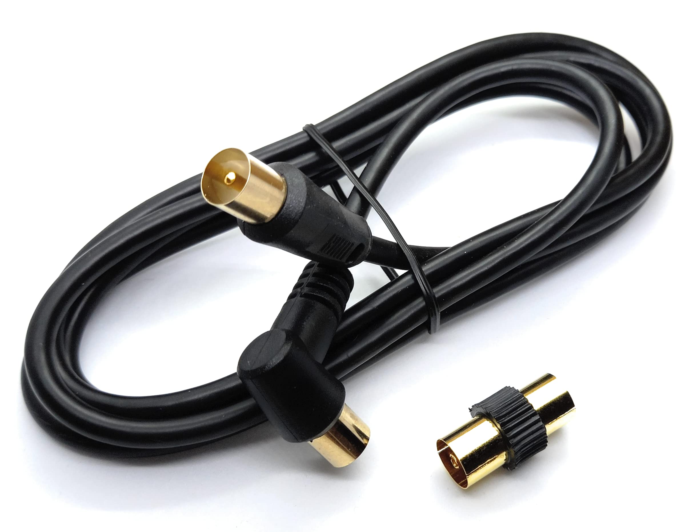 DRUT TV RF Right Angle Male to Male Aerial Antenna Coaxial Cable With Female to Female Coupler Gold Connectors 75 ohm, 3C2V