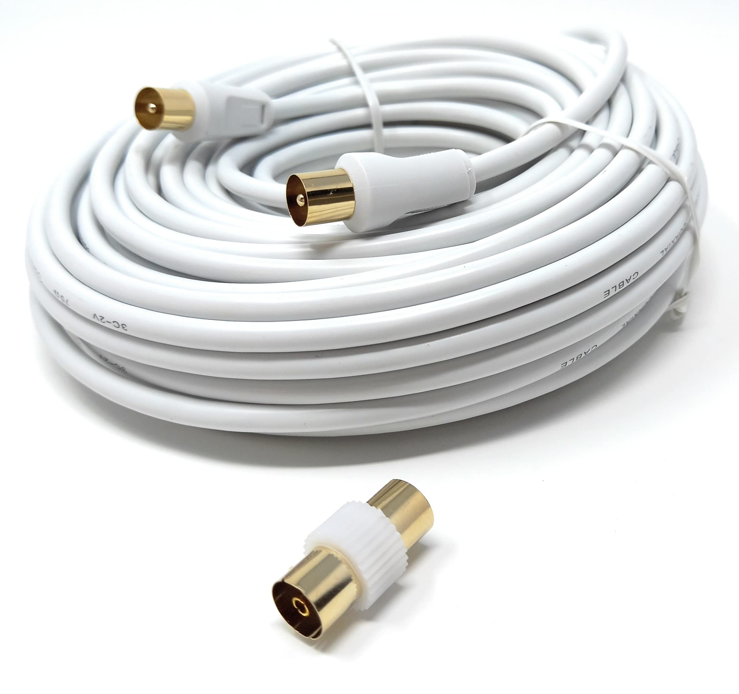 DRUT TV RF Male to Male Aerial Antenna Coaxial Cable With Female to Female Coupler, Gold Connectors 75 ohm, 3C2V