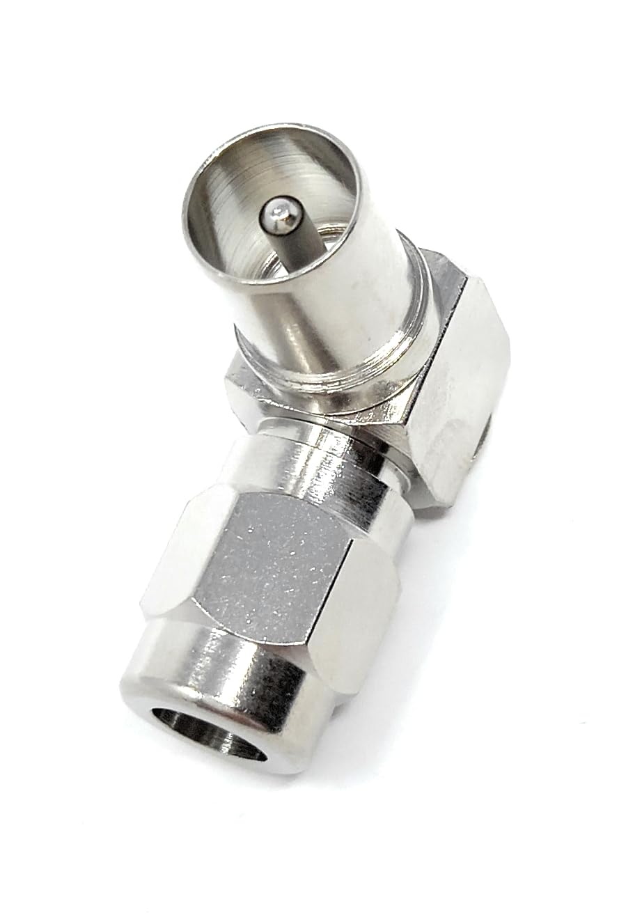 DRUT TV RF Coax Right Angle Adapter, With One end as a Male and the Other end as a Push-in with a Screw, designed for aerial cables
