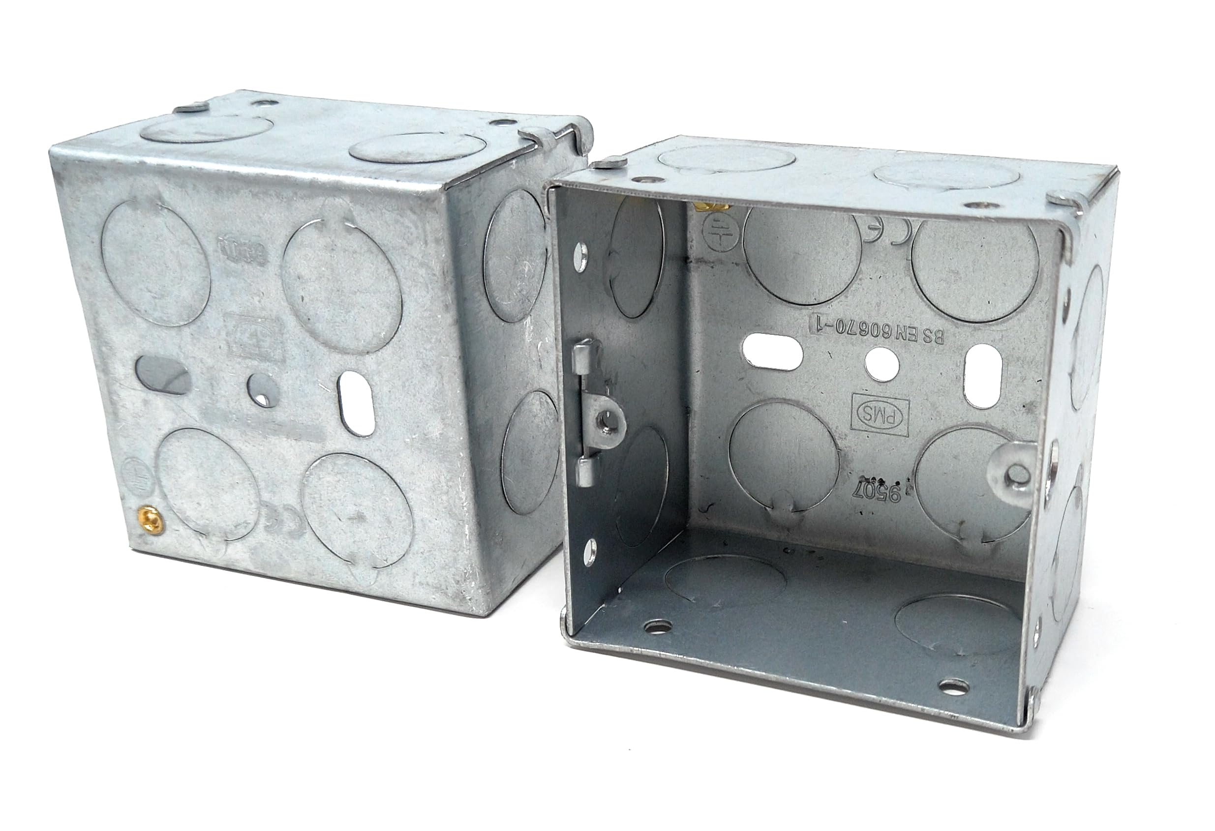 1 Gang Galvanised Steel Pattress Box with Brass Earth Terminal – 47mm Depth Back Box for Electrical Faceplates