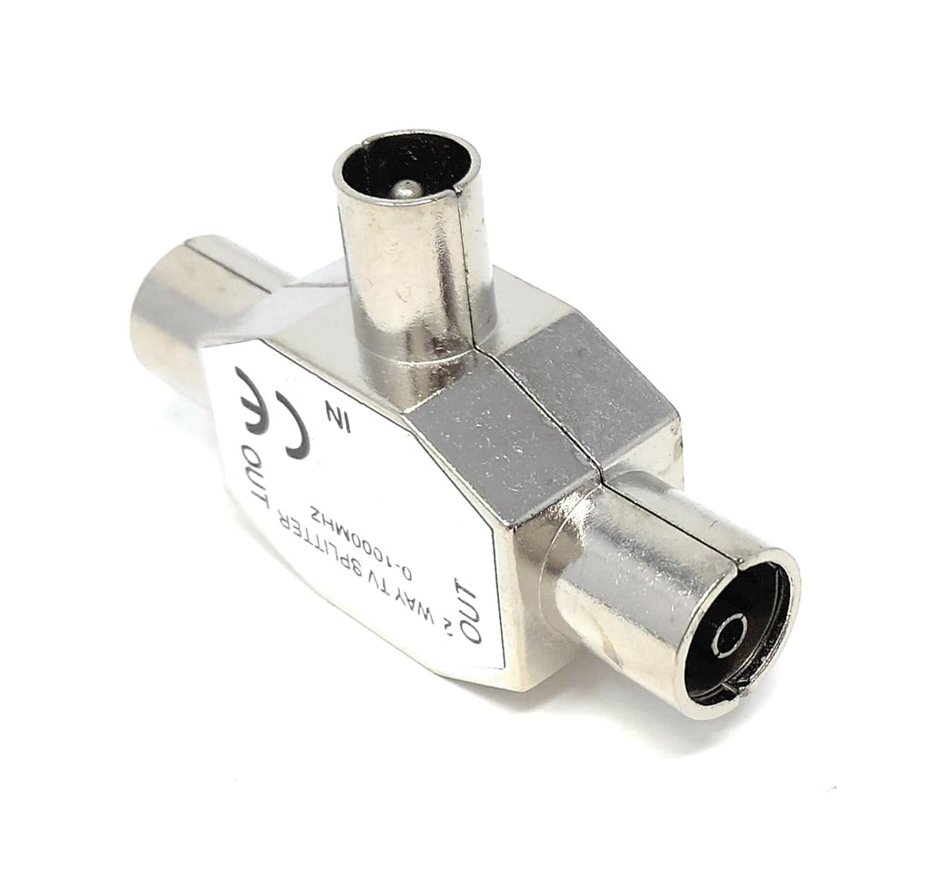 DRUT 2 Port TV RF Coax T Splitter, 1 Male to 2 Female Aerial Adapter, Metal Coaxial Signal Splitter 0–1000MHz for TV, Freeview, Antenna, Satellite & Radio Connection