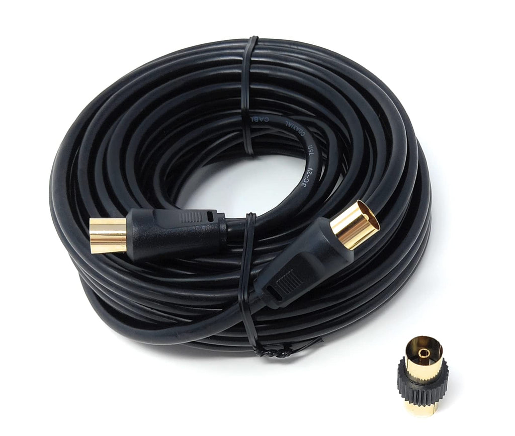 DRUT TV RF Male to Male Aerial Antenna Coaxial Cable With Female to Female Coupler, Gold Connectors 75 ohm, 3C2V