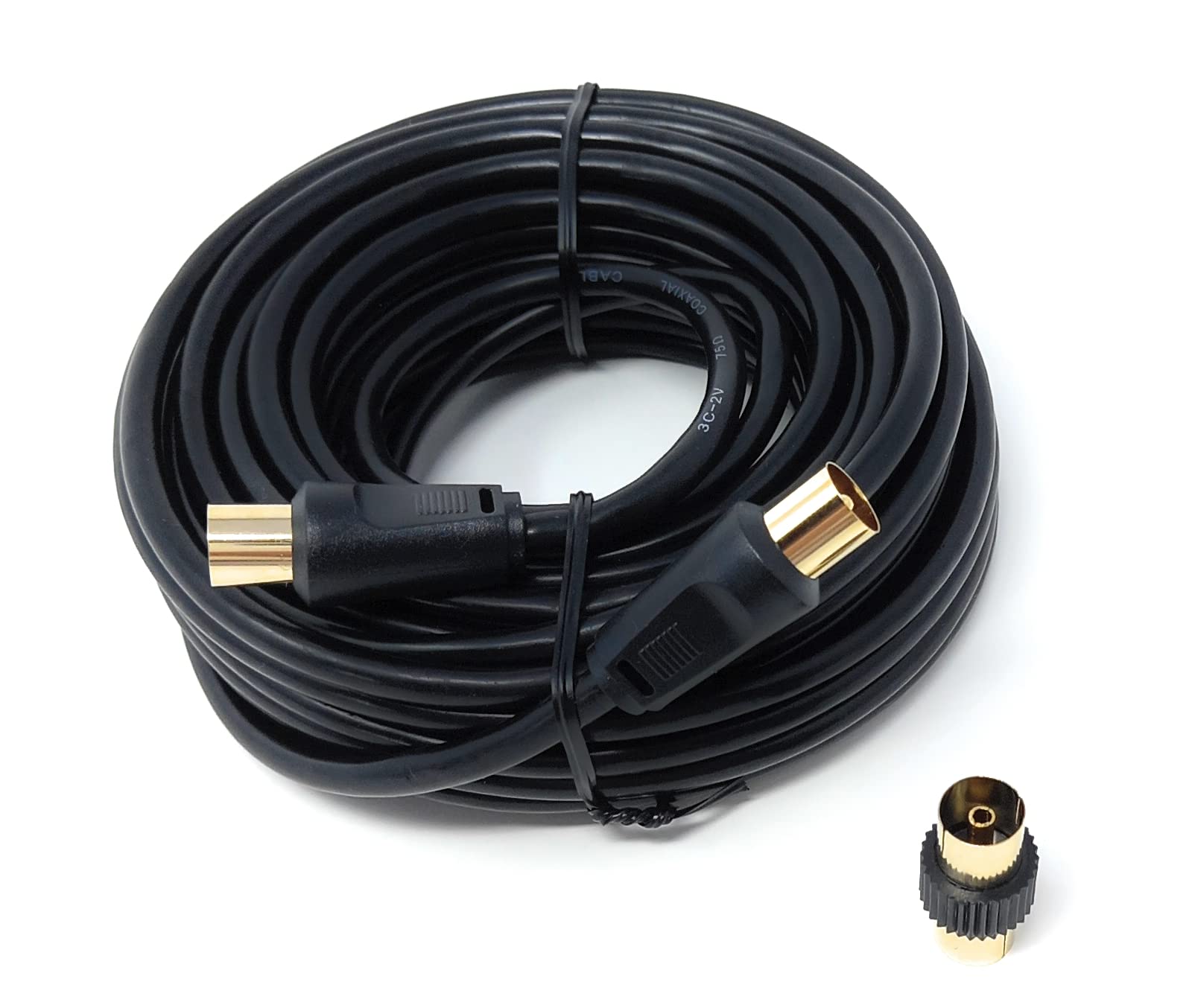 DRUT TV RF Male to Male Aerial Antenna Coaxial Cable With Female to Female Coupler, Gold Connectors 75 ohm, 3C2V
