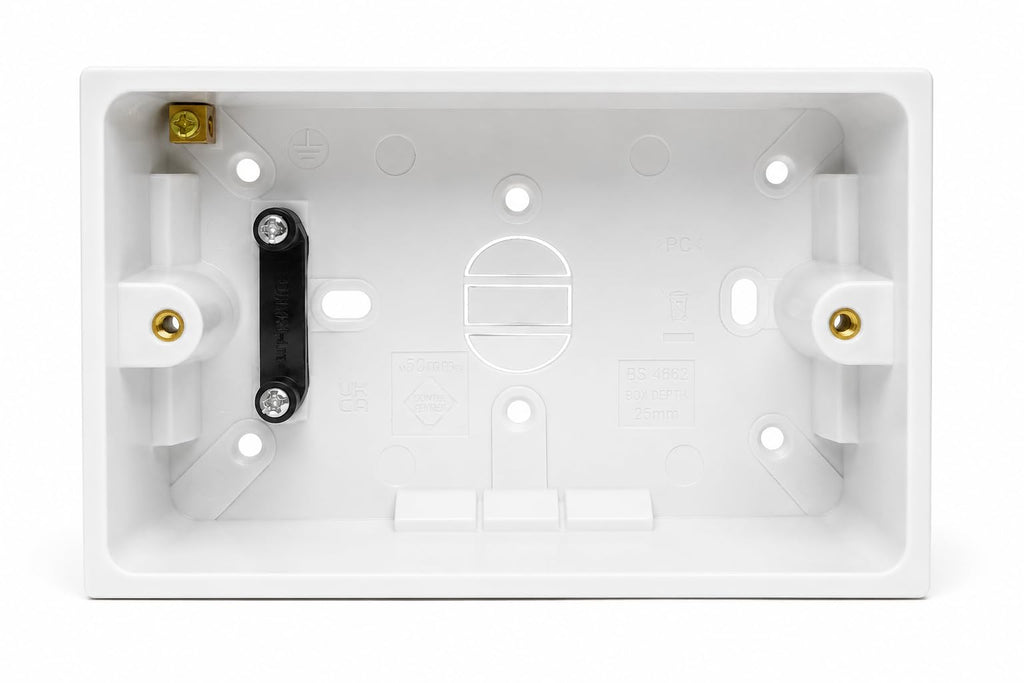 Dual 2 Gang Surface Mount Back Box Pattress Box (47mm Deep) Fitted With Earth Terminals, White