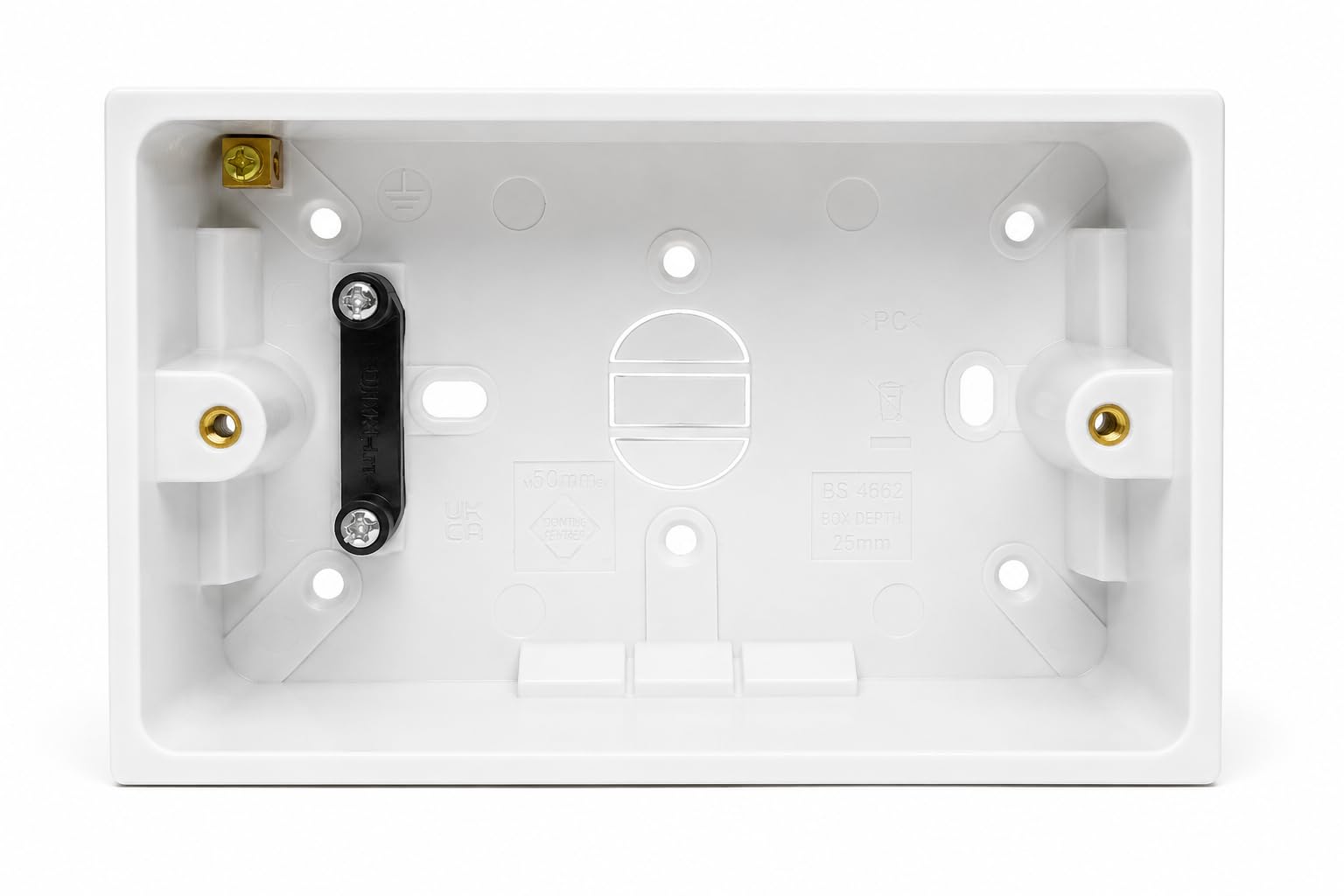 Dual 2 Gang Surface Mount Back Box Pattress Box (47mm Deep) Fitted With Earth Terminals, White