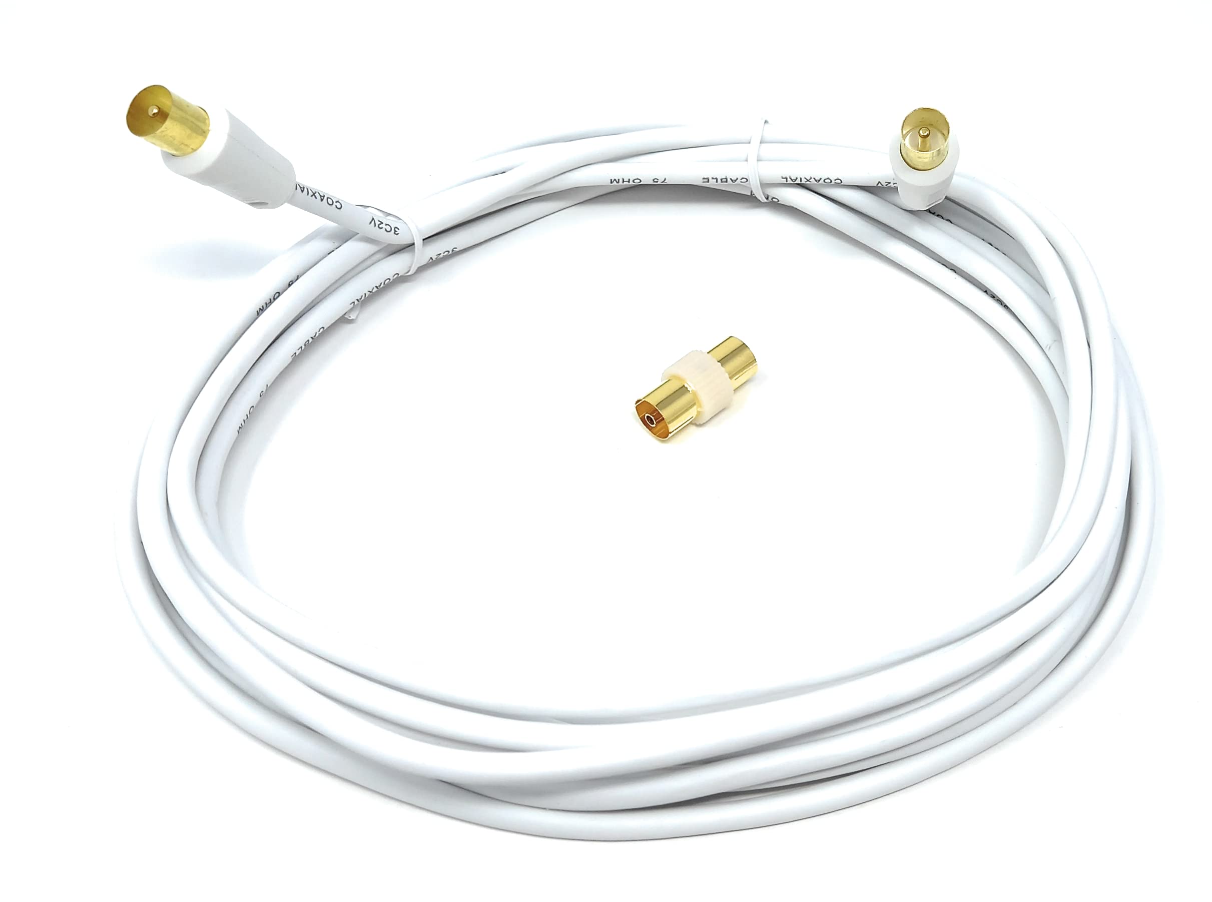 DRUT TV RF Male to Male Aerial Antenna Coaxial Cable With Female to Female Coupler, Gold Connectors 75 ohm, 3C2V