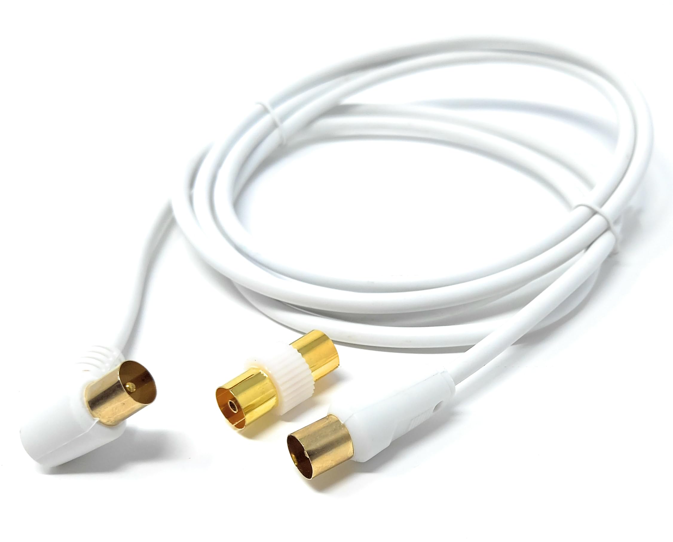 DRUT TV RF Right Angle Male to Male Aerial Antenna Coaxial Cable With Female to Female Coupler Gold Connectors 75 ohm, 3C2V