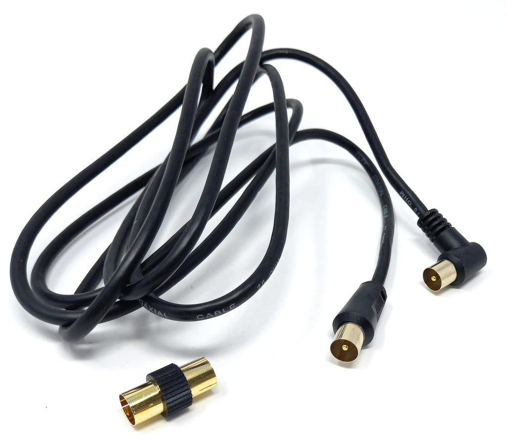 DRUT TV RF Right Angle Male to Male Aerial Antenna Coaxial Cable With Female to Female Coupler Gold Connectors 75 ohm, 3C2V