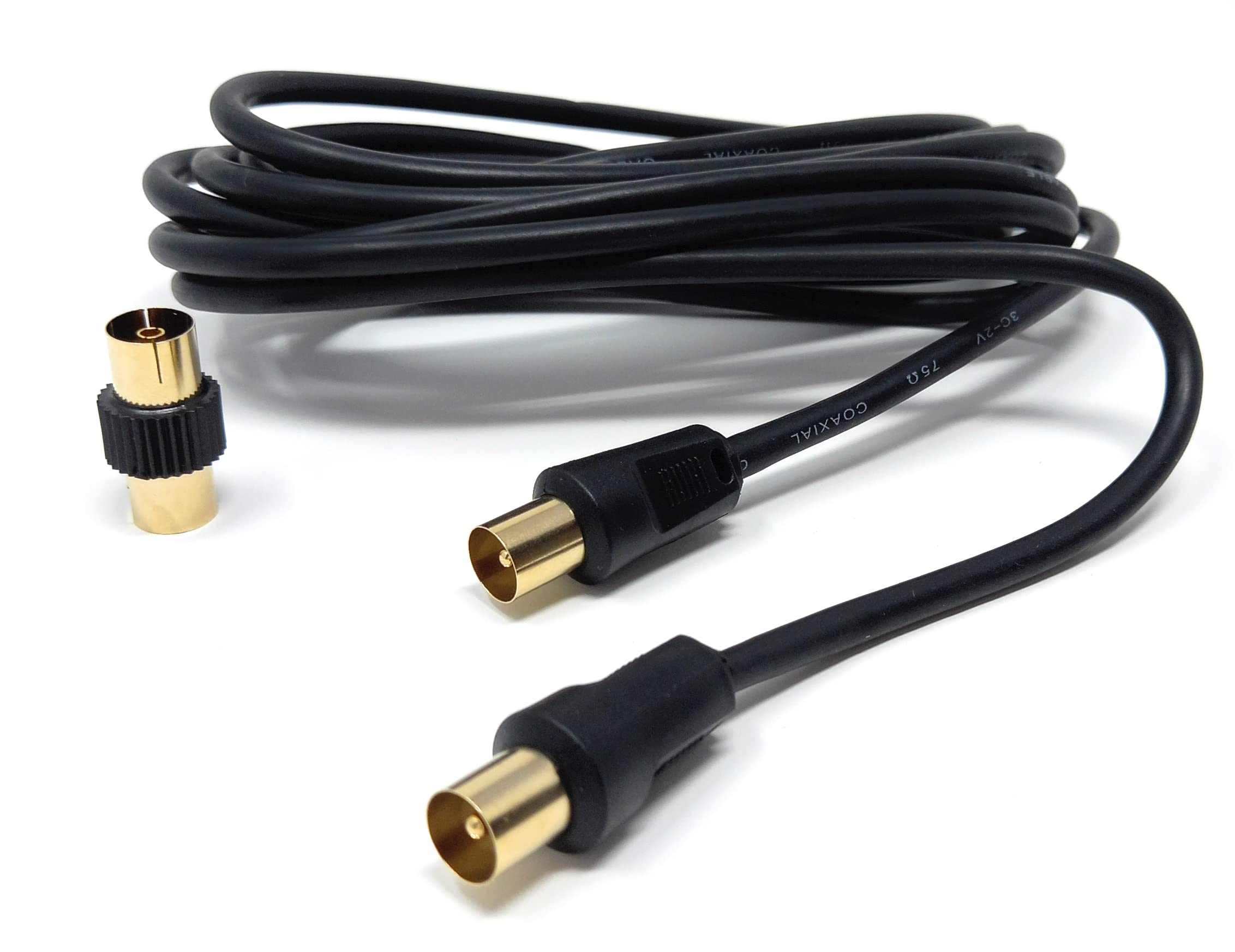 DRUT TV RF Male to Male Aerial Antenna Coaxial Cable With Female to Female Coupler, Gold Connectors 75 ohm, 3C2V
