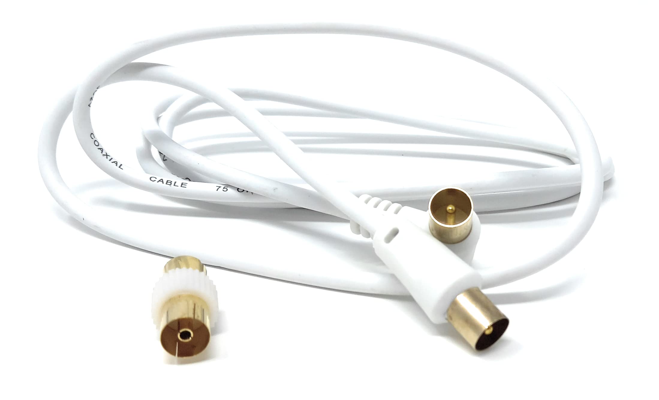 DRUT TV RF Right Angle Male to Male Aerial Antenna Coaxial Cable With Female to Female Coupler Gold Connectors 75 ohm, 3C2V