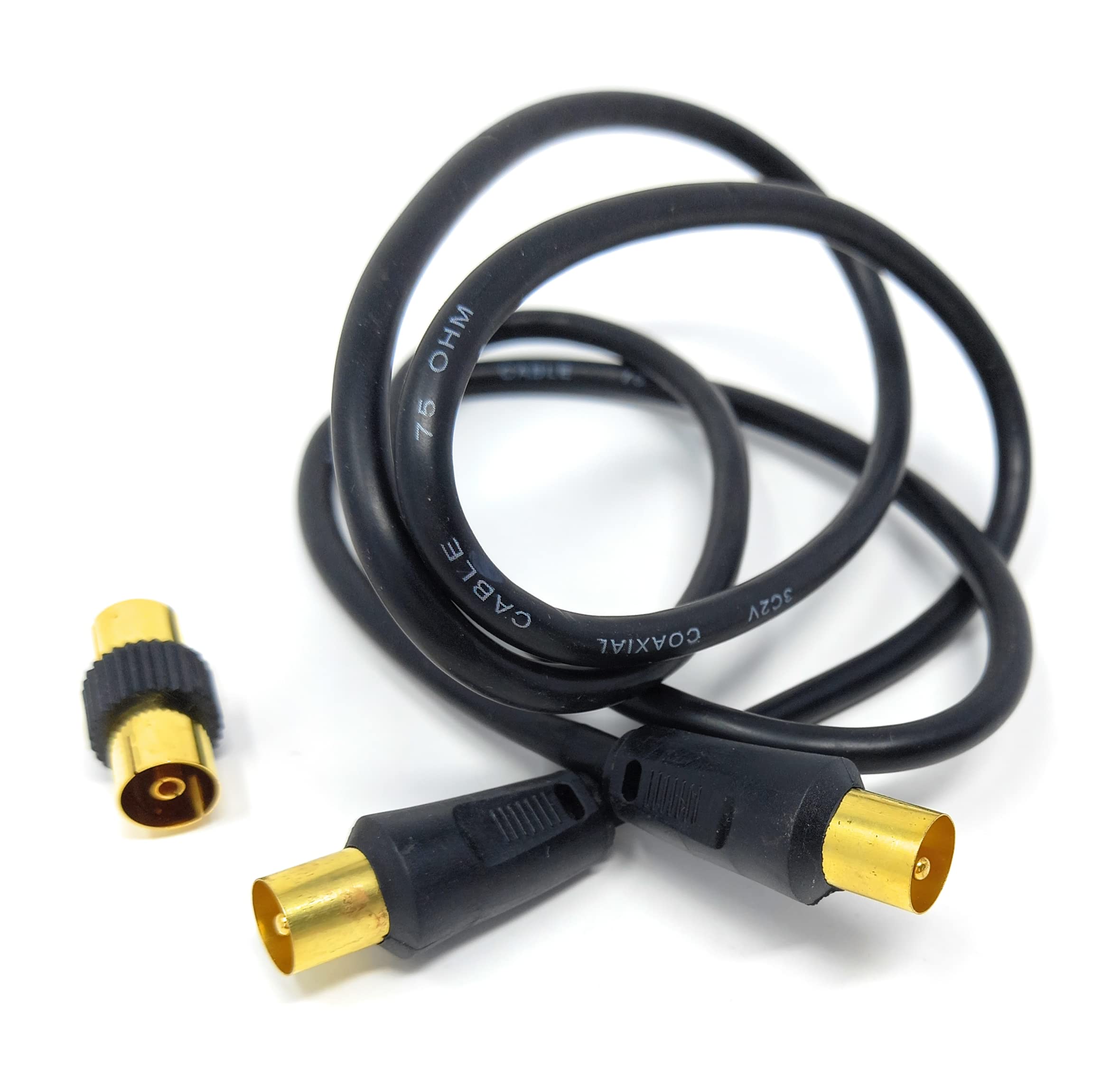 DRUT TV RF Male to Male Aerial Antenna Coaxial Cable With Female to Female Coupler, Gold Connectors 75 ohm, 3C2V