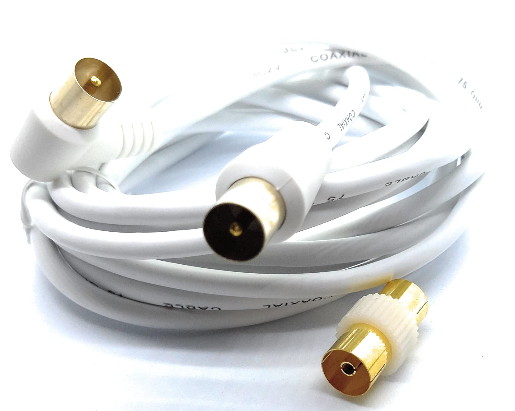 DRUT TV RF Right Angle Male to Male Aerial Antenna Coaxial Cable With Female to Female Coupler Gold Connectors 75 ohm, 3C2V