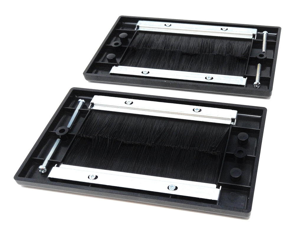 Dual Gang Brush Wall Outlet Cable Entry Plate, Tidy Mount Faceplate, Black (Screws Included)