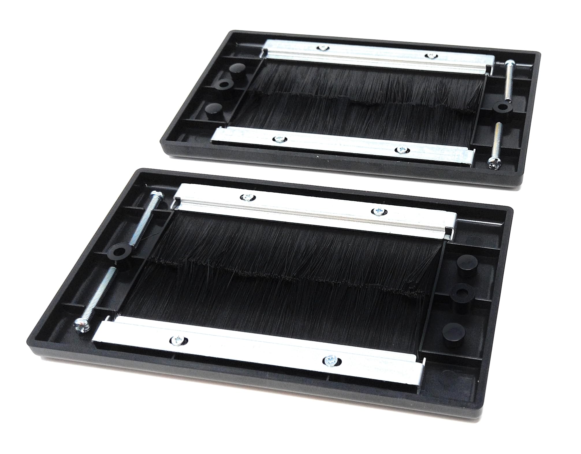 Dual Gang Brush Wall Outlet Cable Entry Plate, Tidy Mount Faceplate, Black (Screws Included)