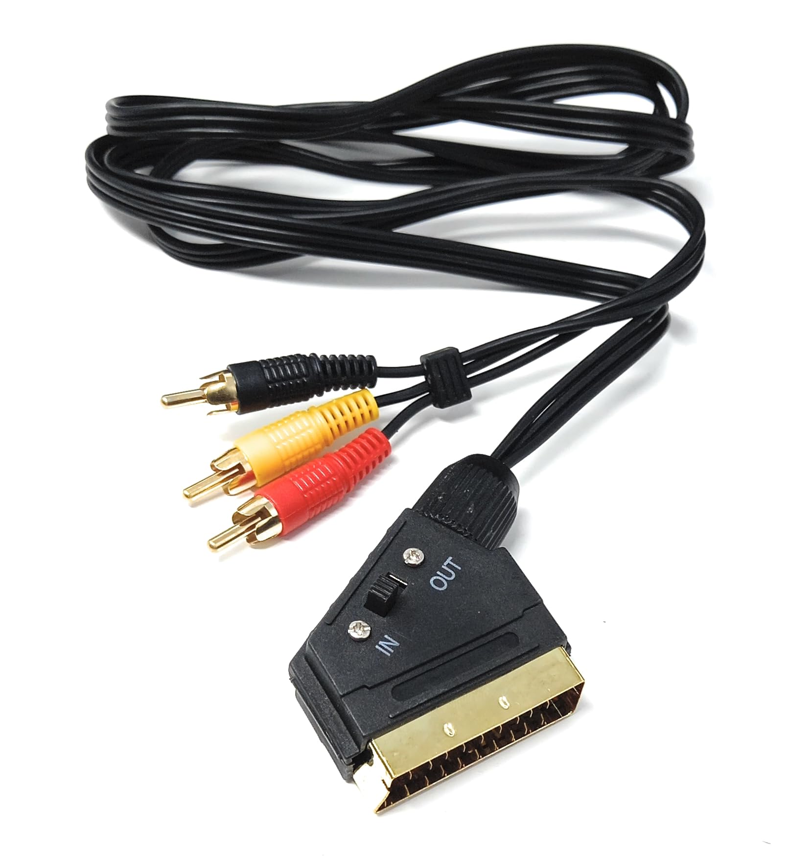 DRUT 1.5m Switchable SCART to 3 x RCA Audio/Video Cable – Compatible with TV, DVD, VCRs, & Game Consoles 5ft