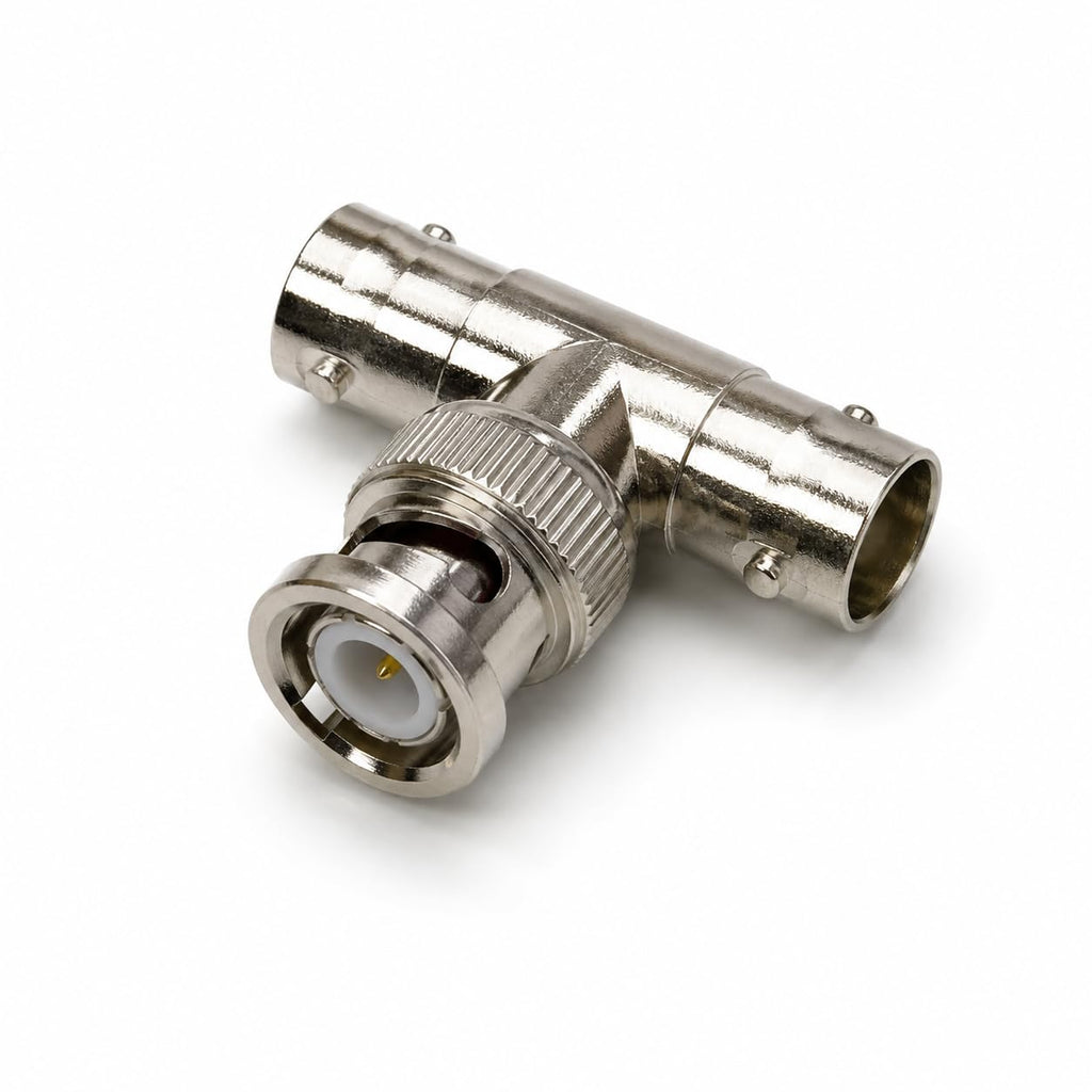 DRUT 3-Way BNC T Splitter Adapter, 1 BNC Male Plug to 2 Female Sockets, 50 Ohm Coaxial T Connector for CCTV, RF, Video and Test Equipment