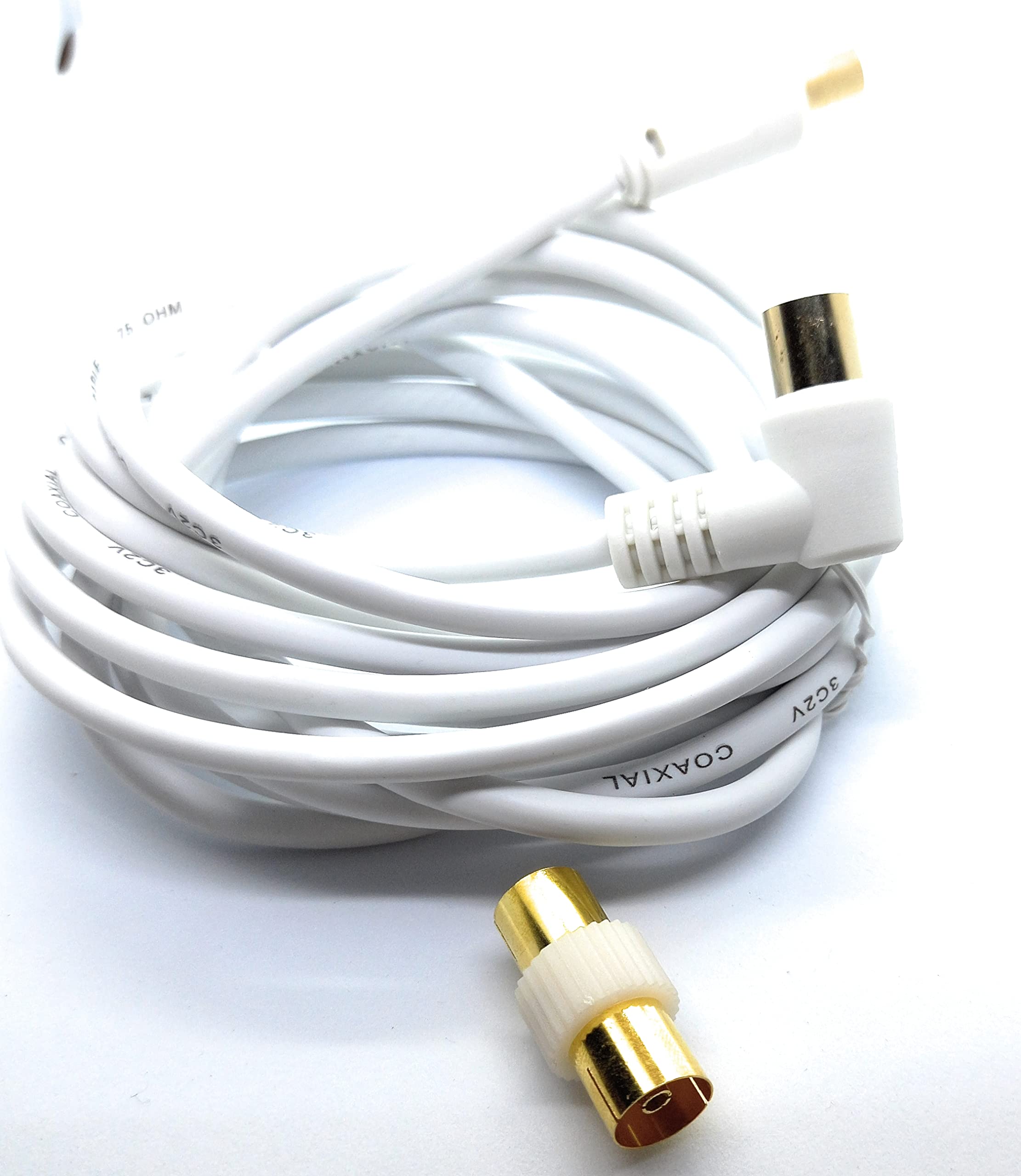 DRUT TV RF Right Angle Male to Male Aerial Antenna Coaxial Cable With Female to Female Coupler Gold Connectors 75 ohm, 3C2V