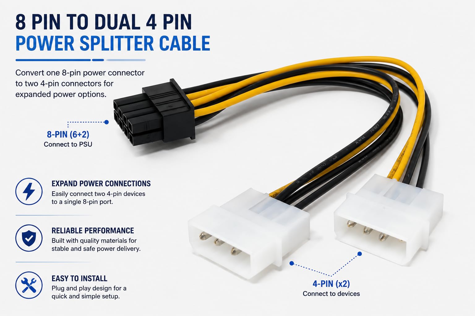 DRUT PCIe 8 Pin Power Cable, Dual 4 Pin Molex LP4 to 8 Pin GPU Power Adapter for Graphics Cards, PSU Converter Connector for Desktop PC