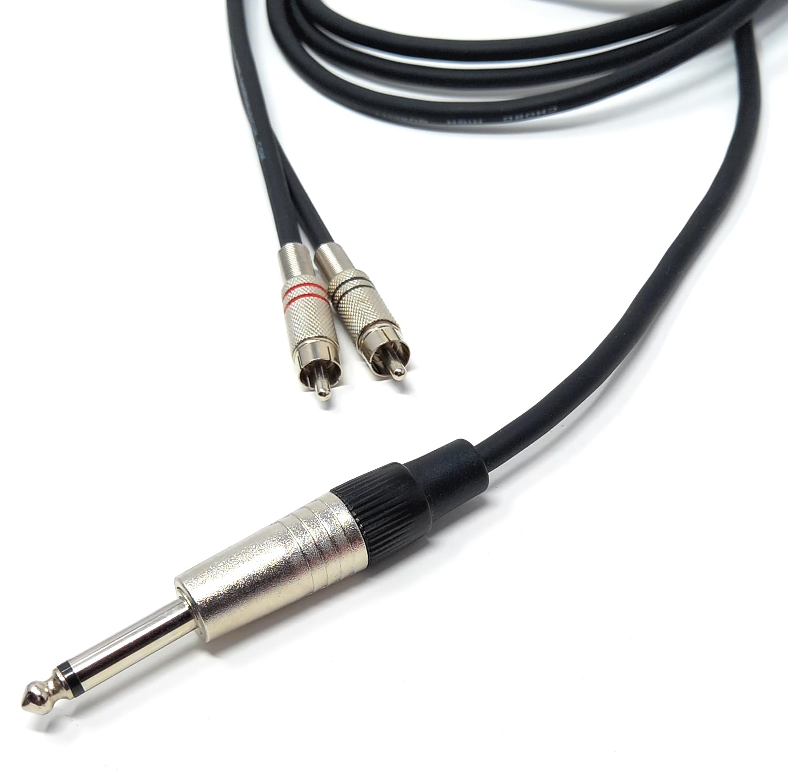 DRUT 3m 6.35mm Mono Jack to 2 x Twin RCA Phono Plugs Shielded Audio Lead, Soft Flexible Rubberised Jacket Cable 10ft