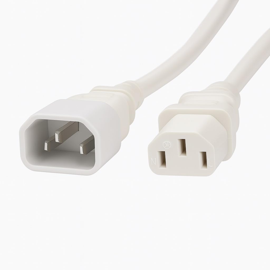 IEC C14 to C13 Power Extension Cable, White, 5A/250V, Male to Female UPS Lead for PC, Server, Monitor, PDU, Networking Equipment, Kettle Plug Type