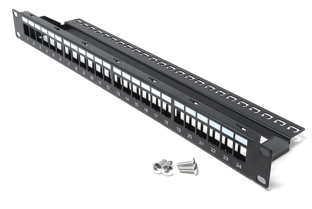 24-Port 1U Blank Patch Panel with Cable Management Bar, Unshielded, 19-Inch Rack Mount, Compatible with Cat6A, Cat5, Cat5e, Cat6, Cat7, Cat8, Cat9 Snap-in Keystone Jacks