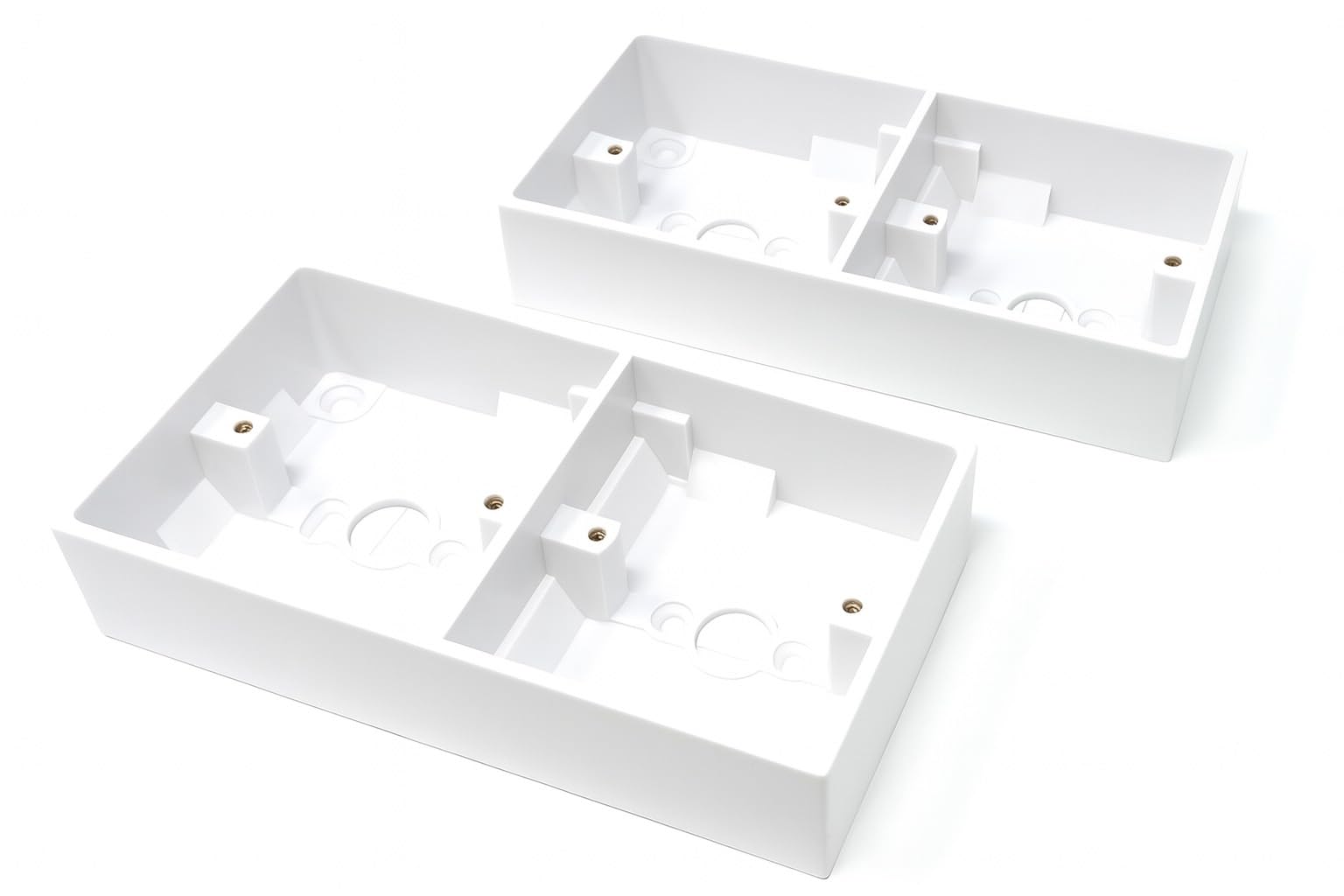 2-Gang Surface Mount Back Box – White Electrical Pattress Box, 172mm x 86mm x 35mm, Twin for Sockets and Switches