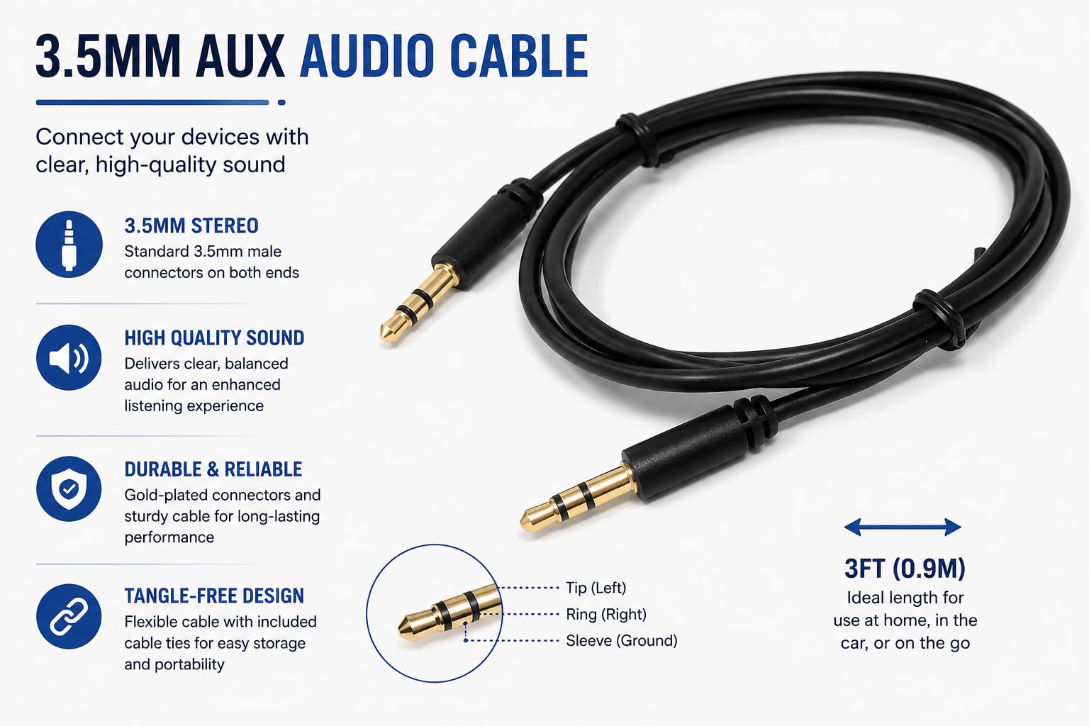 DRUT 3.5mm Stereo Audio Jack Plug to Plug, Male to Male AUX, Slim Flexible Lead Cable