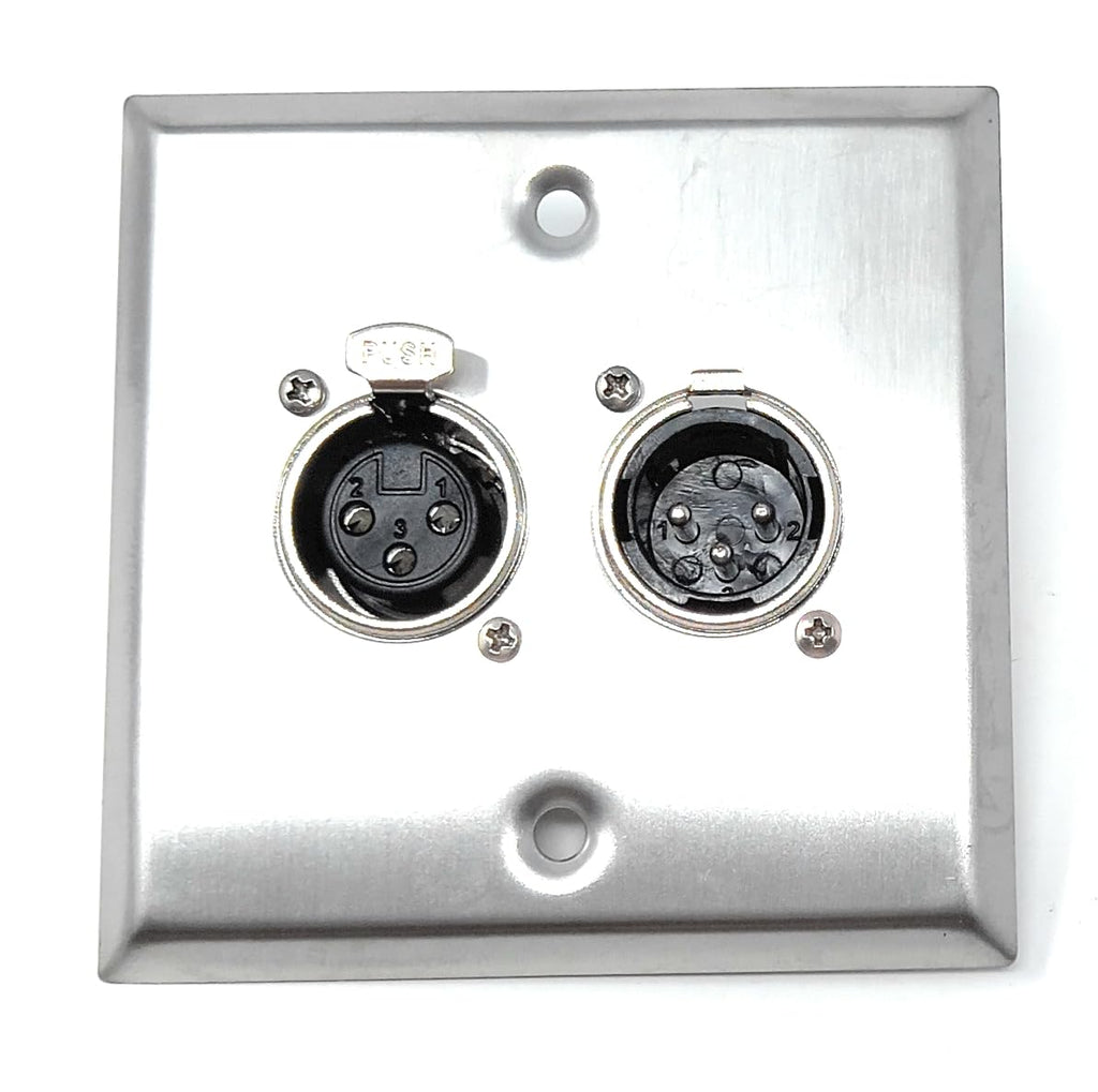 XLR Wall Plate – 3-Pin Single Gang Faceplate with 1 Male & 1 Female Socket, Stainless Steel Audio Panel with Soldering Ends for Mic, Mixer, Speaker & Amplifier