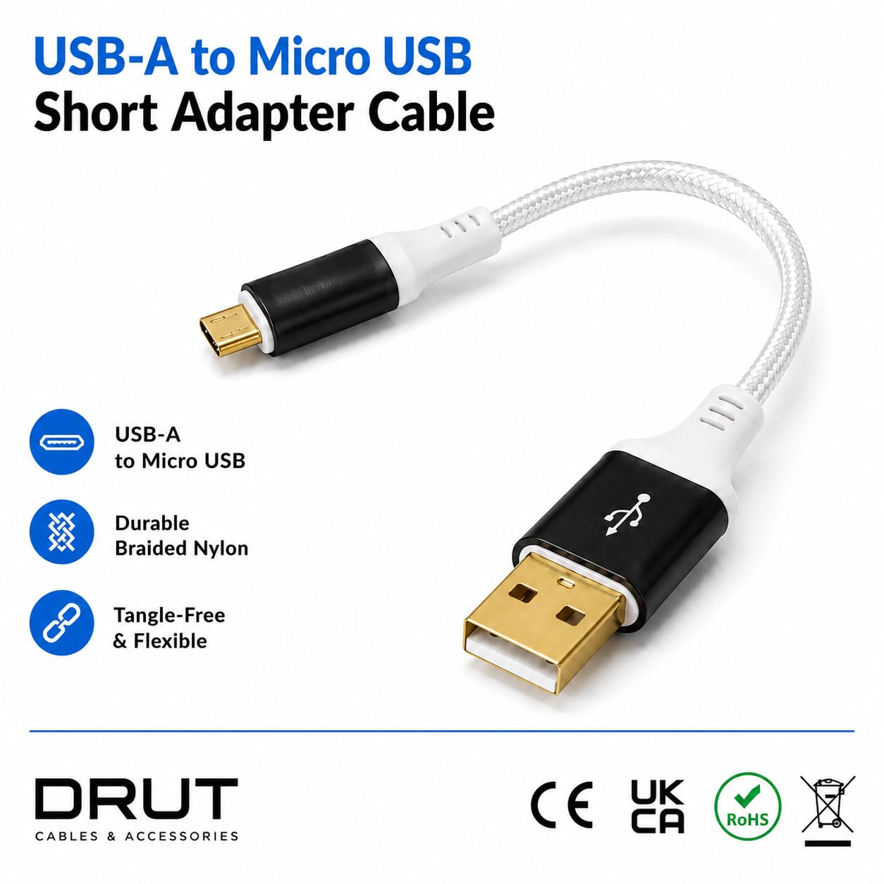 DRUT Braided USB 2.0 A to Micro B Cable, Gold Plated, 24AWG, 0.15m Short, Charging and Data Sync, for Phones, Power Banks and Devices
