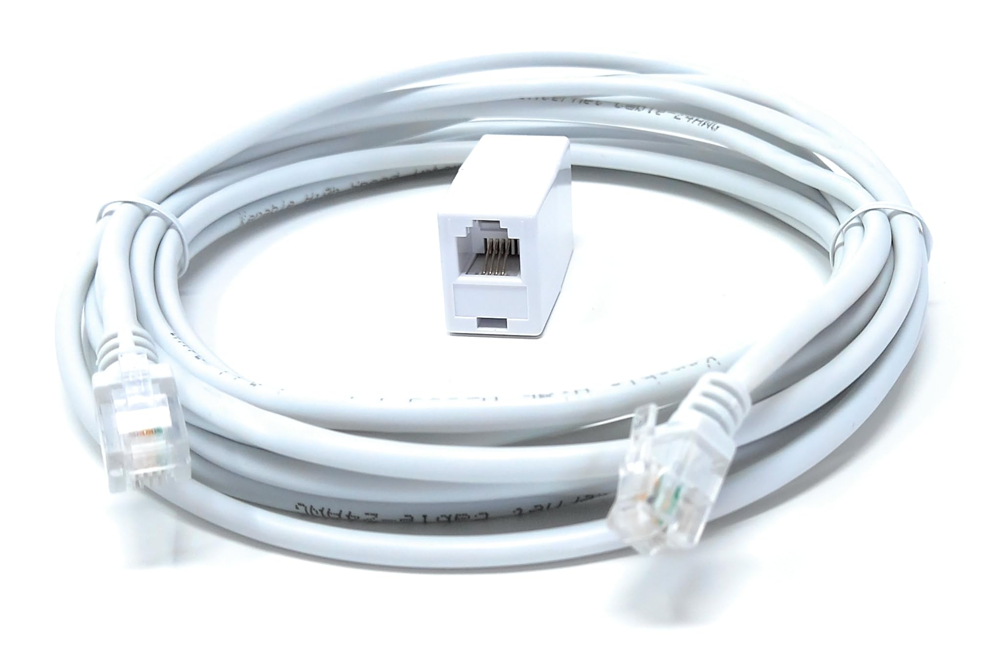 DRUT RJ11 to RJ11 ADSL 2+ Male to Male Cable with Female Coupler, BT Telephone, Broadband, Modem Extension Lead, Gold Plated Connectors