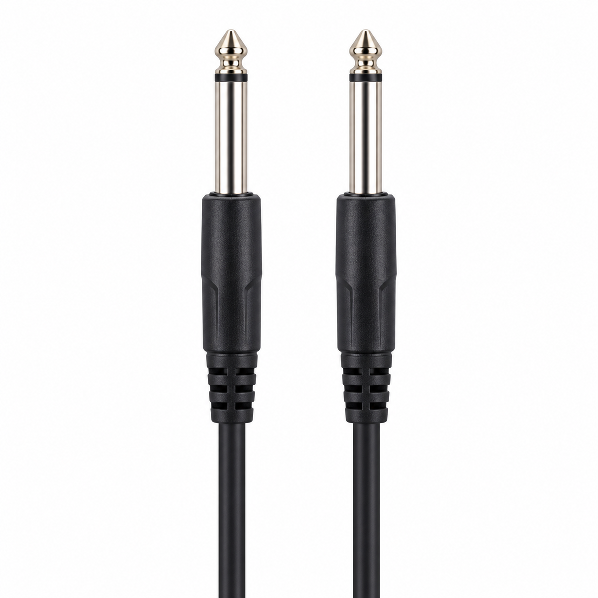 Two upright 6.35mm mono male jack plugs with straight black cable leads on white