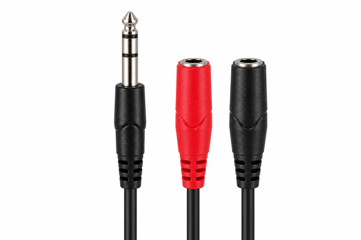 6.35mm stereo jack to red and black mono female sockets