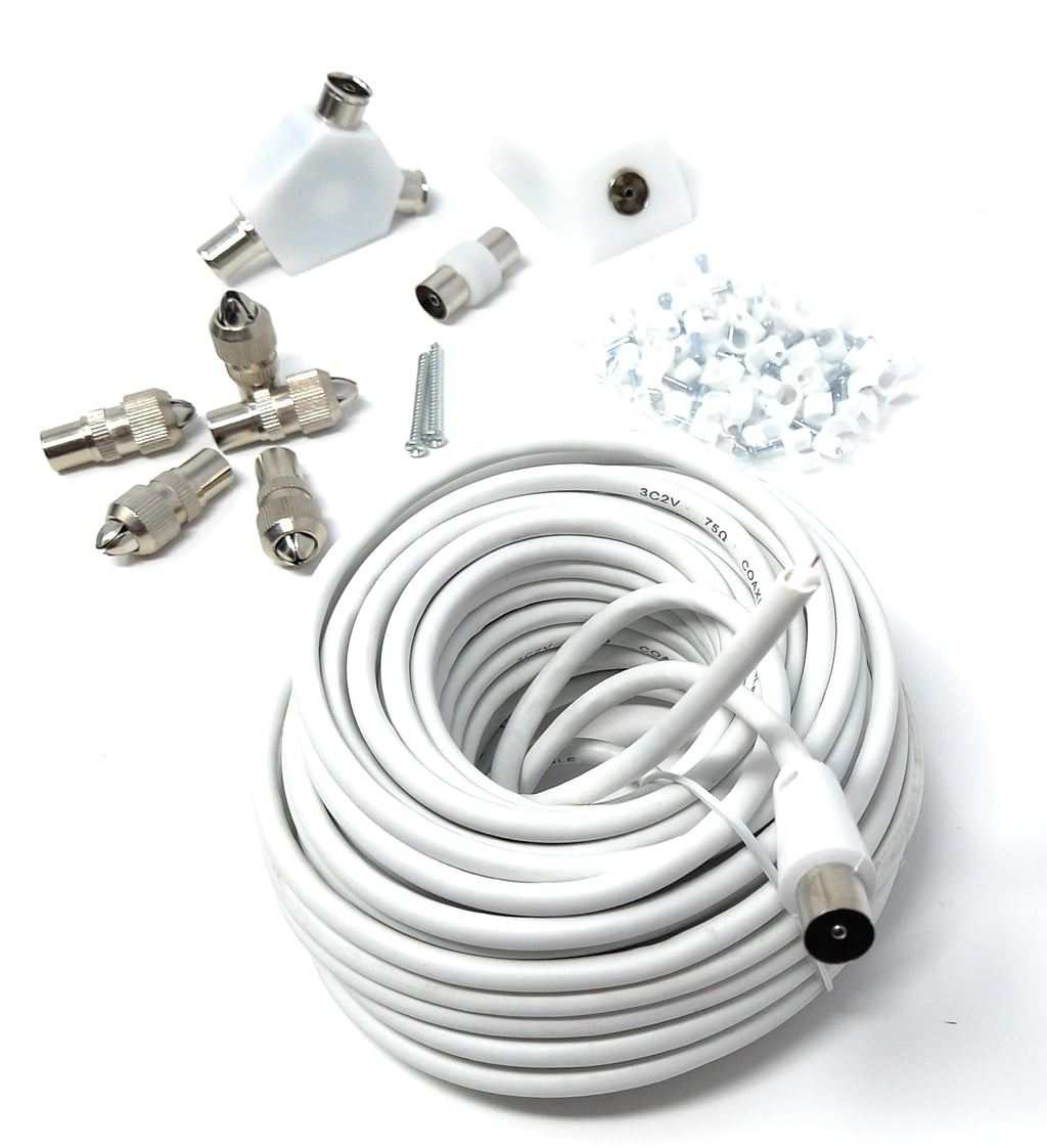 DRUT 15m TV Cable Extension DIY Kit Coaxial Cable, 5 x Coaxial Plugs, 1 x Coaxial Couple, 1 x 2 Way Splitter, 1 x Coaxial Surface Mount Socket and 50 Cable Clips,