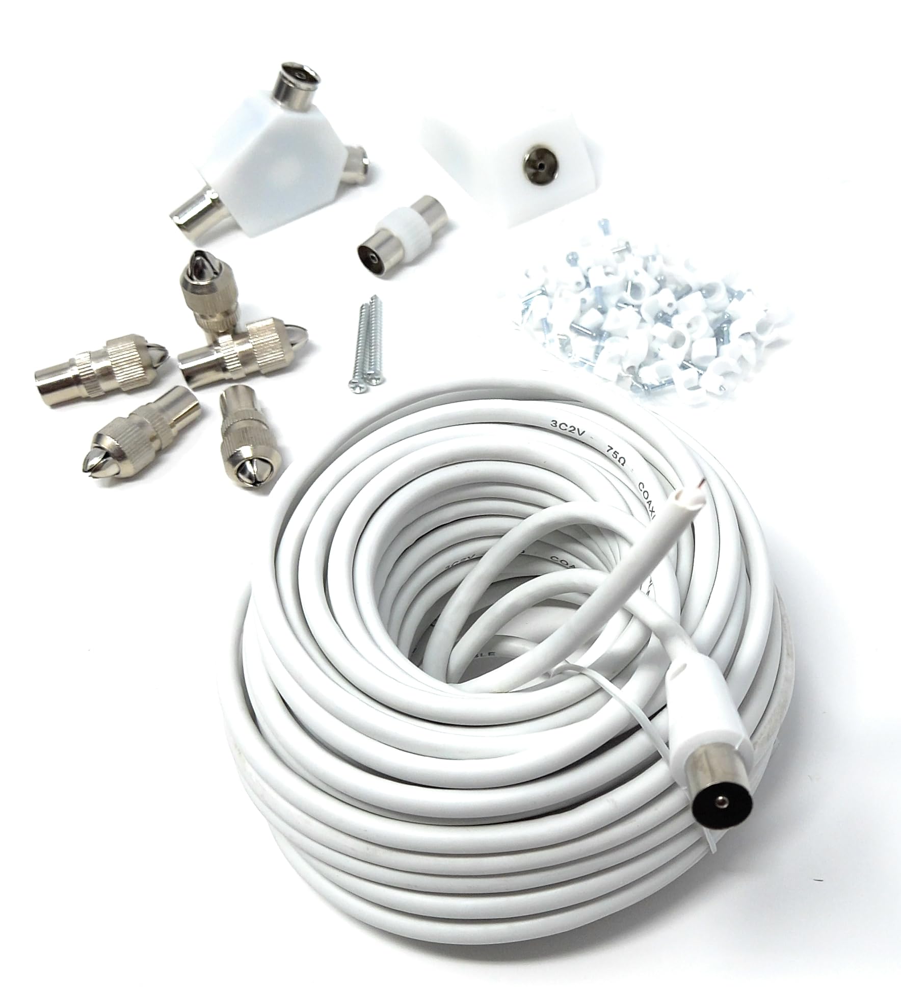 DRUT 15m TV Cable Extension DIY Kit Coaxial Cable, 5 x Coaxial Plugs, 1 x Coaxial Couple, 1 x 2 Way Splitter, 1 x Coaxial Surface Mount Socket and 50 Cable Clips,