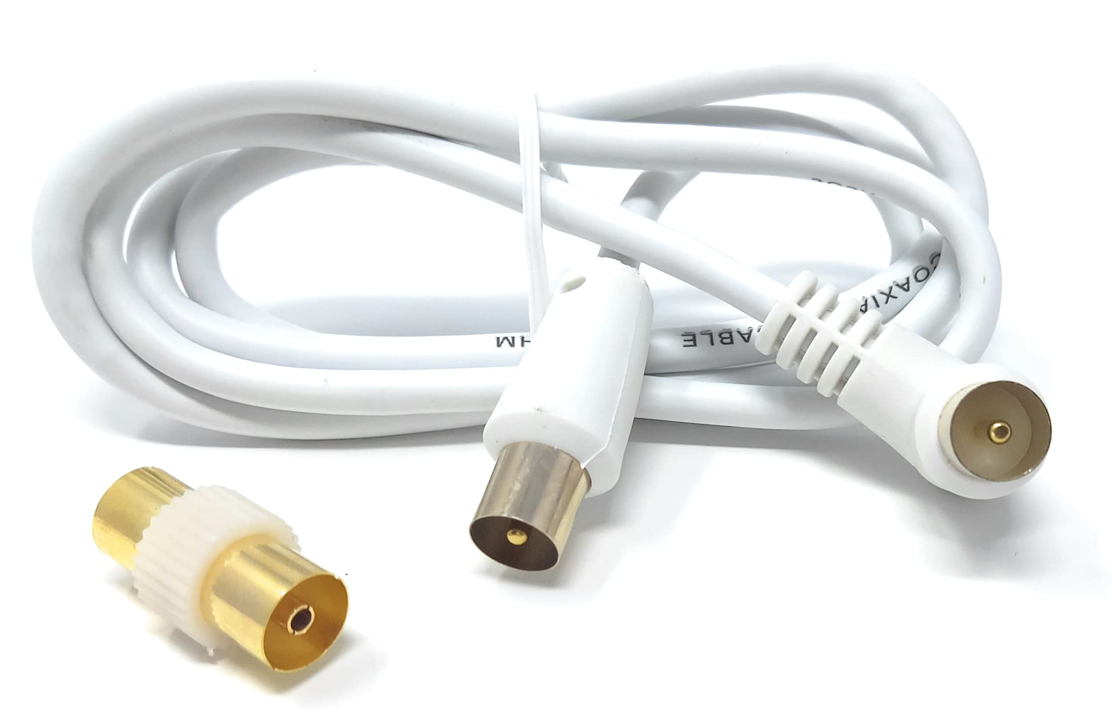 DRUT TV RF Right Angle Male to Male Aerial Antenna Coaxial Cable With Female to Female Coupler Gold Connectors 75 ohm, 3C2V