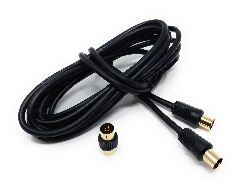 DRUT TV RF Male to Male Aerial Antenna Coaxial Cable With Female to Female Coupler, Gold Connectors 75 ohm, 3C2V