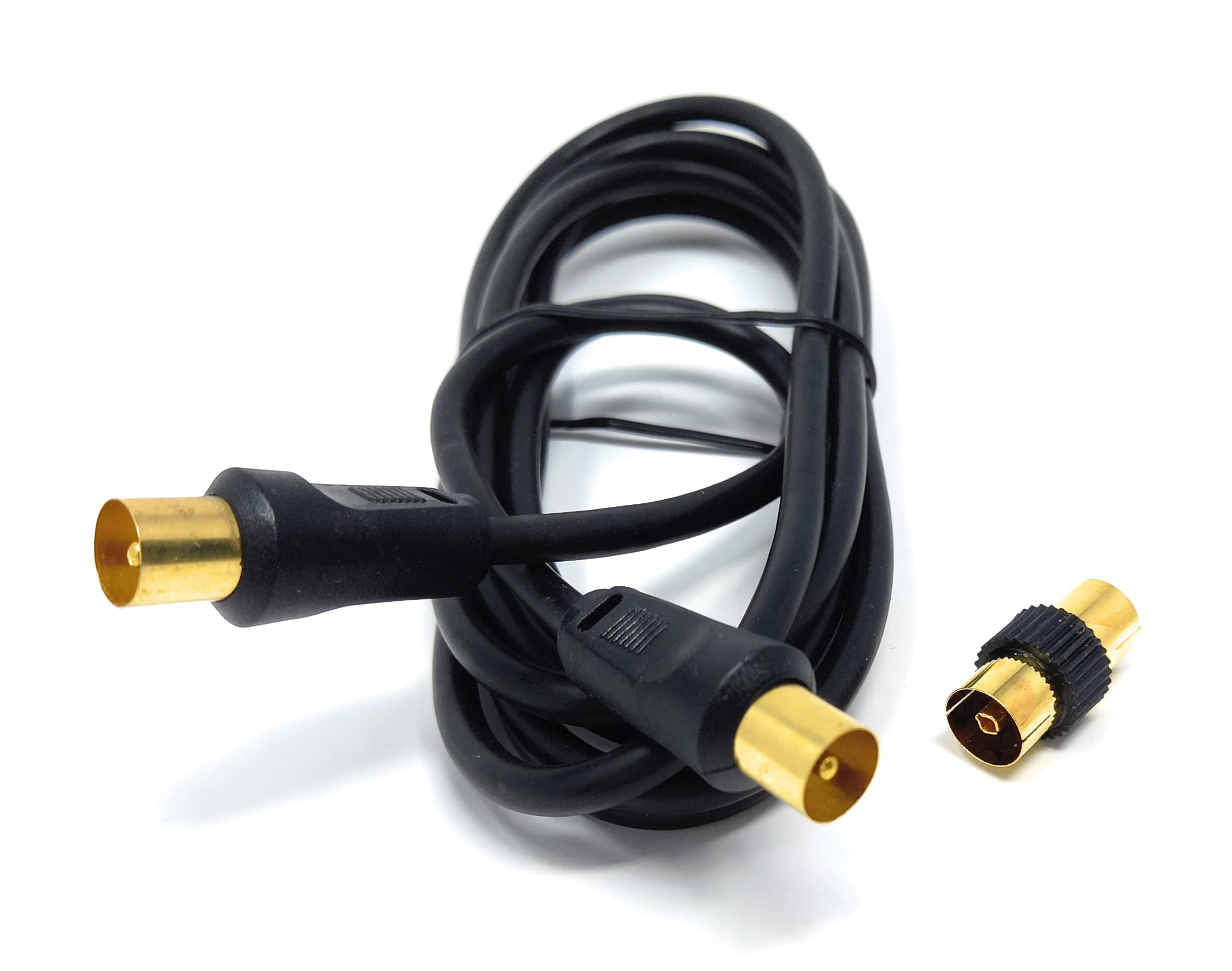DRUT TV RF Male to Male Aerial Antenna Coaxial Cable With Female to Female Coupler, Gold Connectors 75 ohm, 3C2V