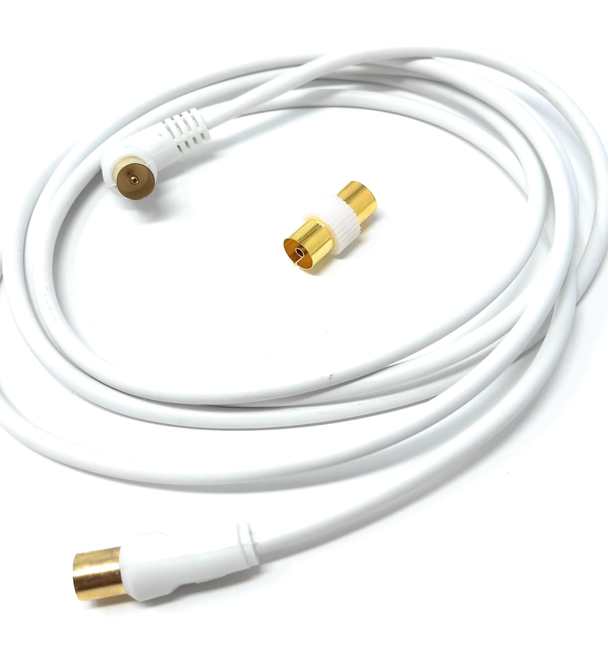 DRUT TV RF Right Angle Male to Male Aerial Antenna Coaxial Cable With Female to Female Coupler Gold Connectors 75 ohm, 3C2V