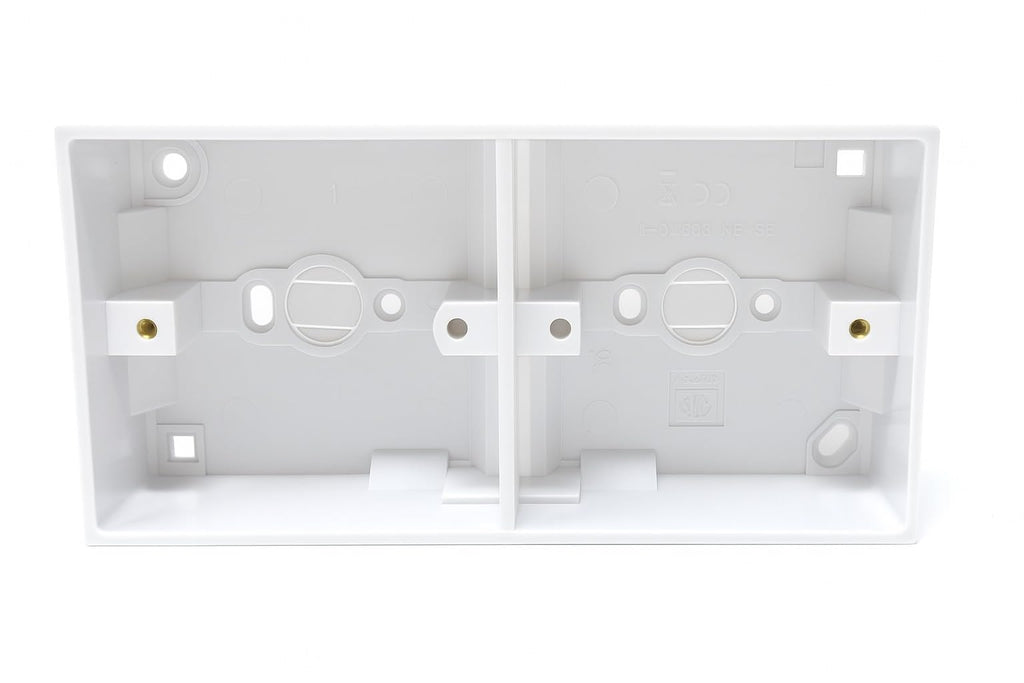 2-Gang Surface Mount Back Box – White Electrical Pattress Box, 172mm x 86mm x 35mm, Twin for Sockets and Switches