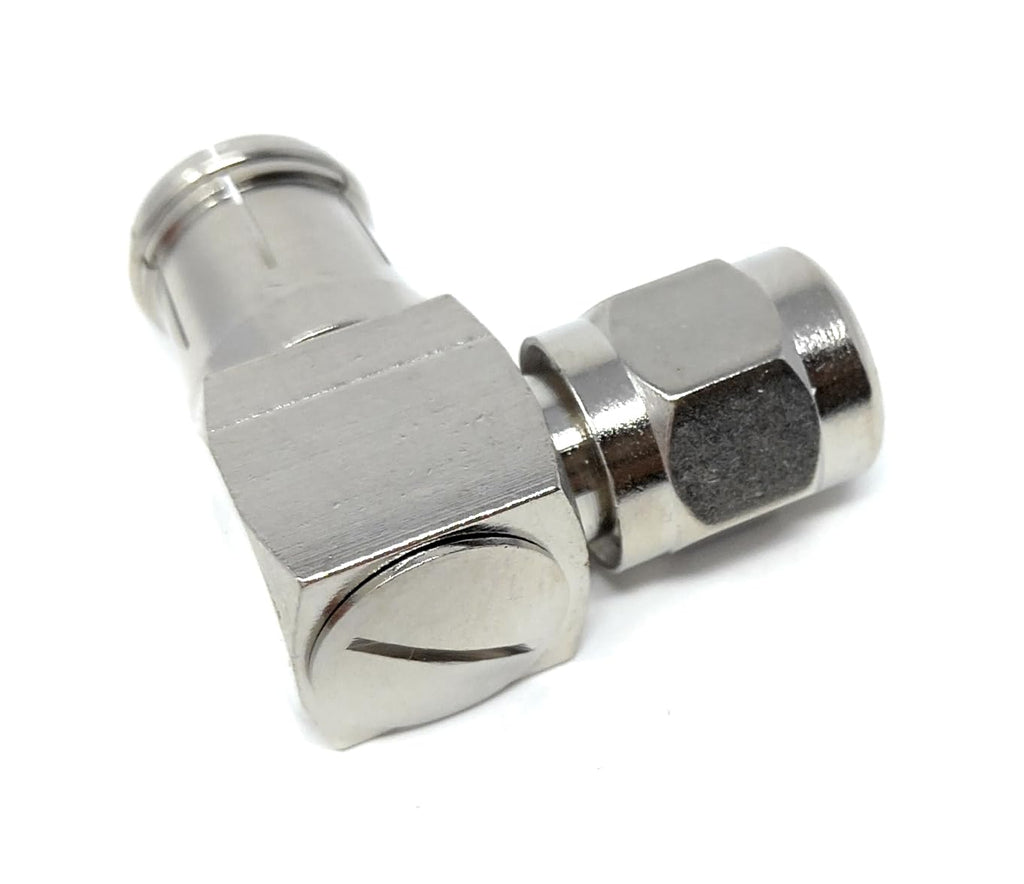 DRUT TV RF Coax Right Angle Adapter, With one end as a socket and the other end as a push-in with a screw, designed for aerial cables