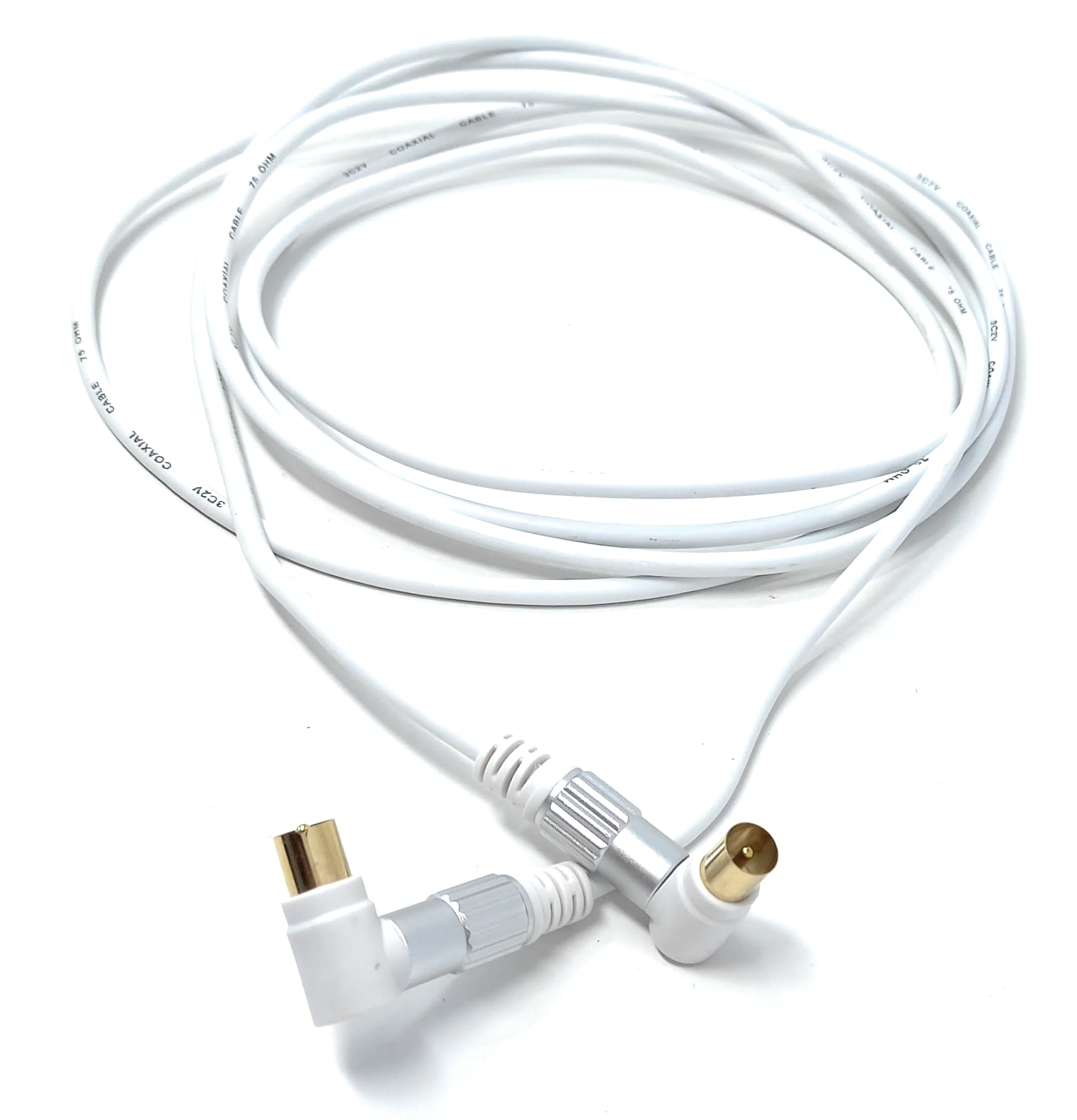 DRUT 3m Right Angle RF TV Aerial Cable – Gold-Plated Coaxial Freeview Plug to RA Connector, Metal Shielded, White Video Cable for HDTV, Set-Top Box, DVR