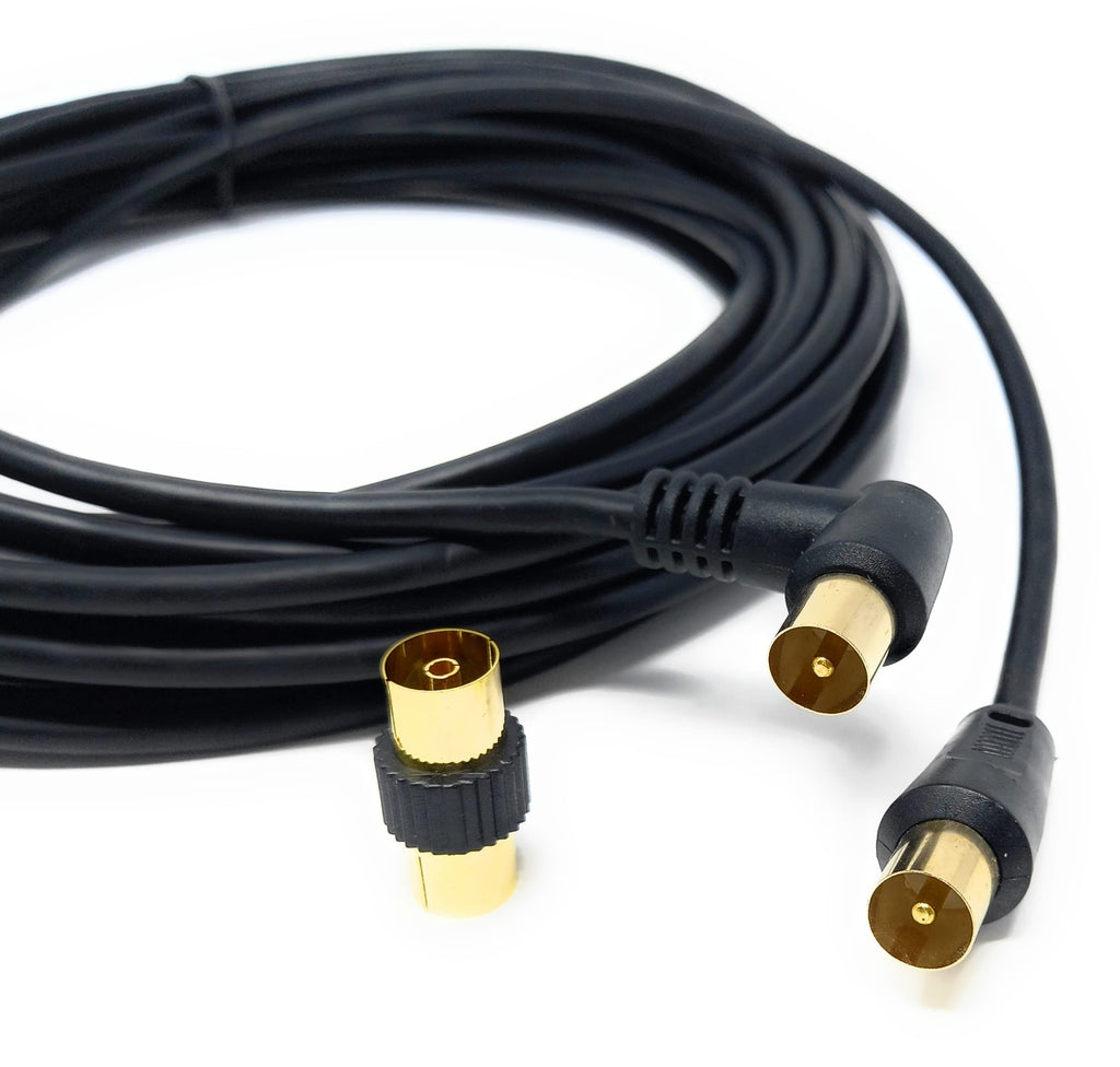 DRUT TV RF Right Angle Male to Male Aerial Antenna Coaxial Cable With Female to Female Coupler Gold Connectors 75 ohm, 3C2V