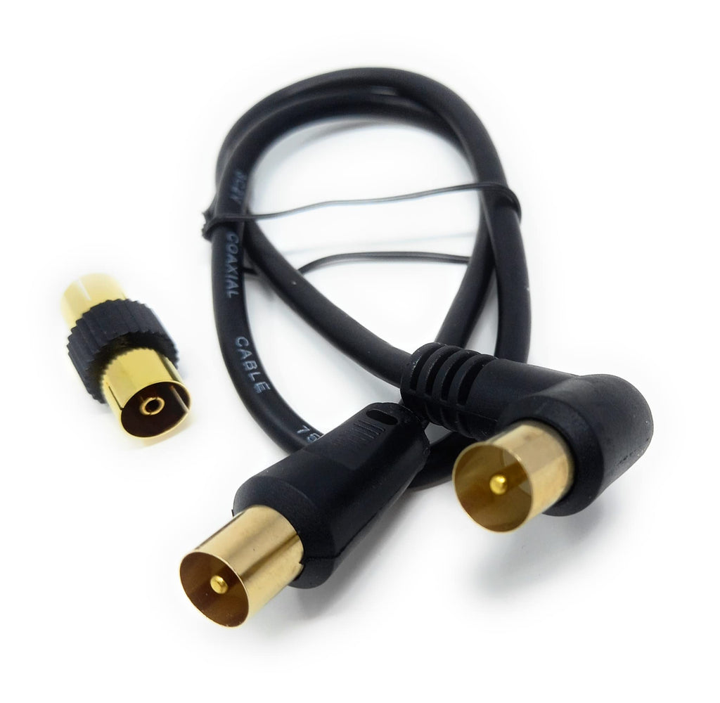 DRUT TV RF Right Angle Male to Male Aerial Antenna Coaxial Cable With Female to Female Coupler Gold Connectors 75 ohm, 3C2V