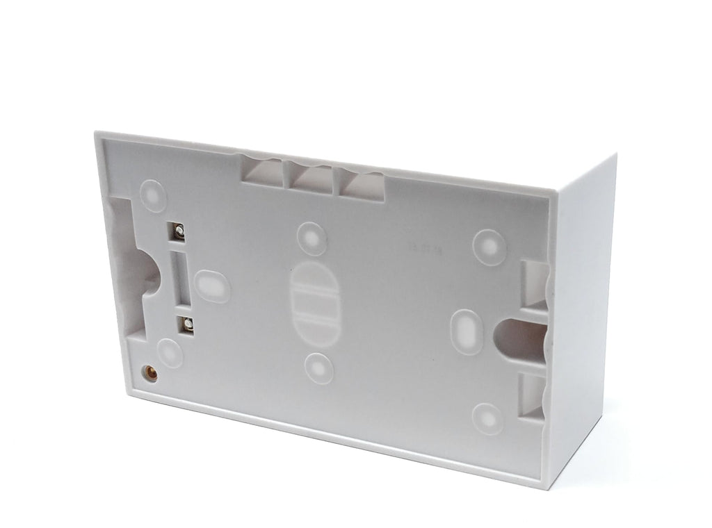 Dual 2 Gang Surface Mount Back Box Pattress Box (47mm Deep) Fitted With Earth Terminals, White