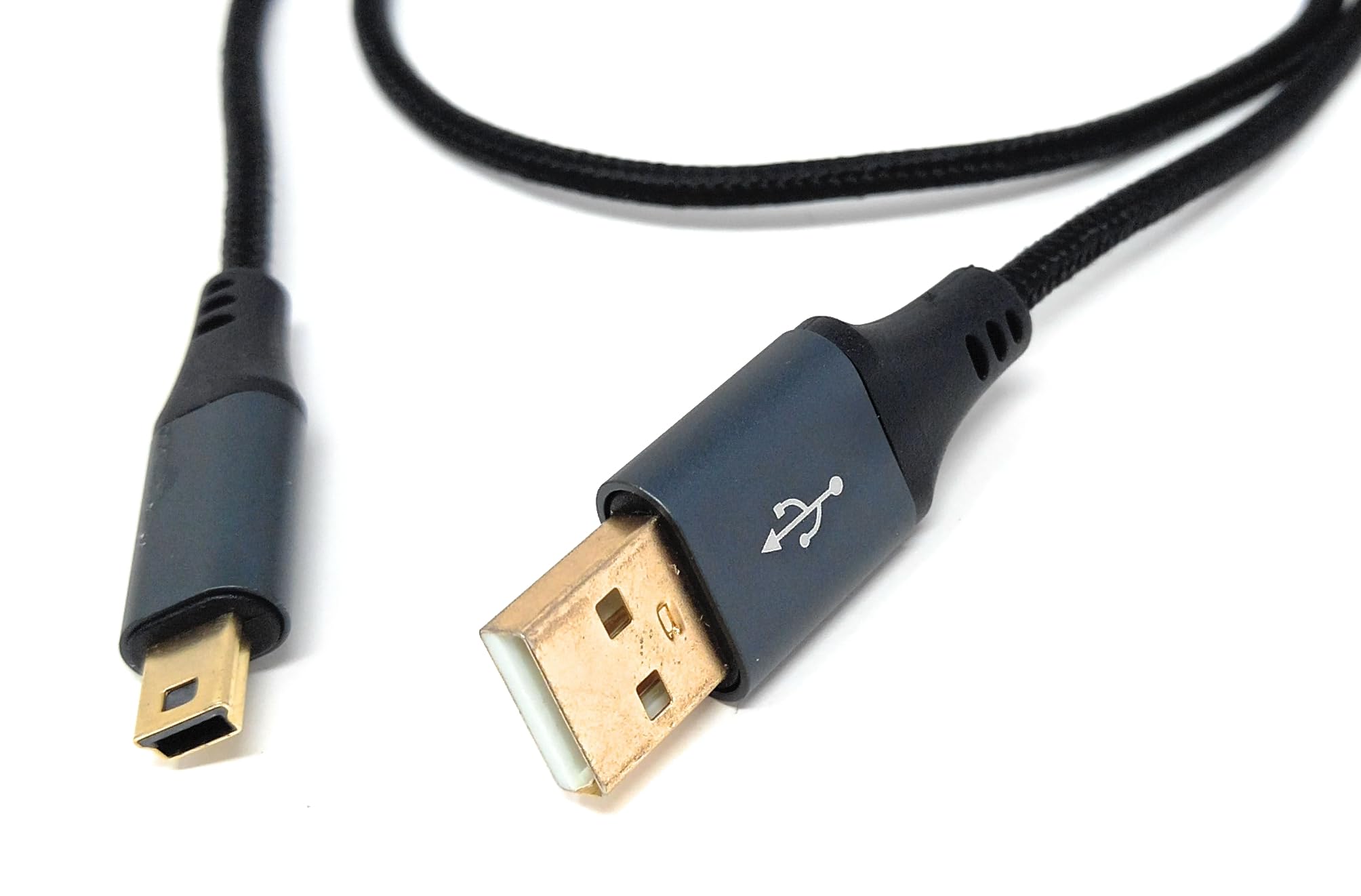 USB 2.0 A to Mini-B 5-Pin Braided Cable – Metal Ends, 24AWG Power & Data Lead, Hi-Speed Transfer
