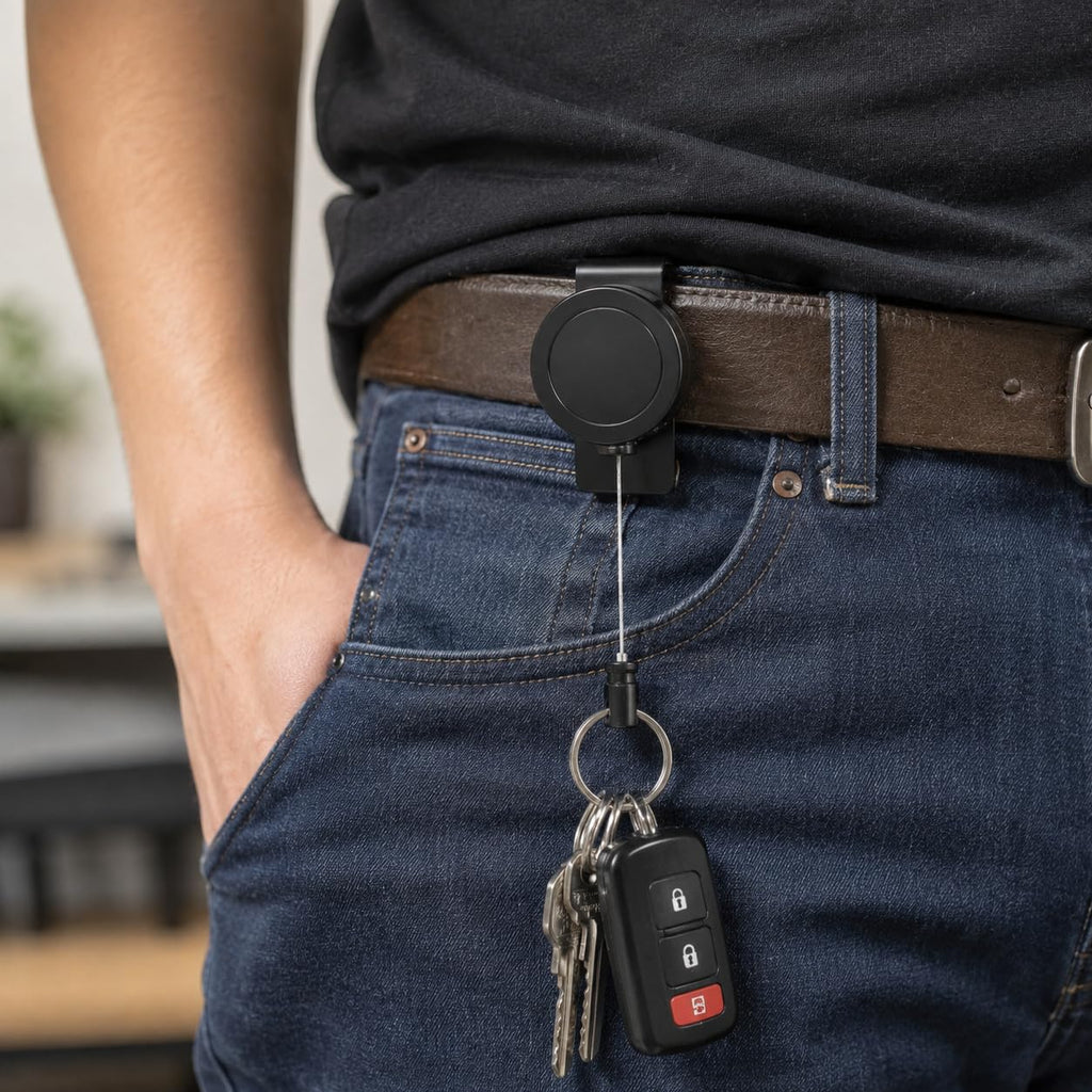 DRUT Metal 360 Degree Rotatable Heavy Duty Retractable Keychain with Belt Clip, Durable Key Reel Holder for Keys, ID Cards, Passes & Work Accessories