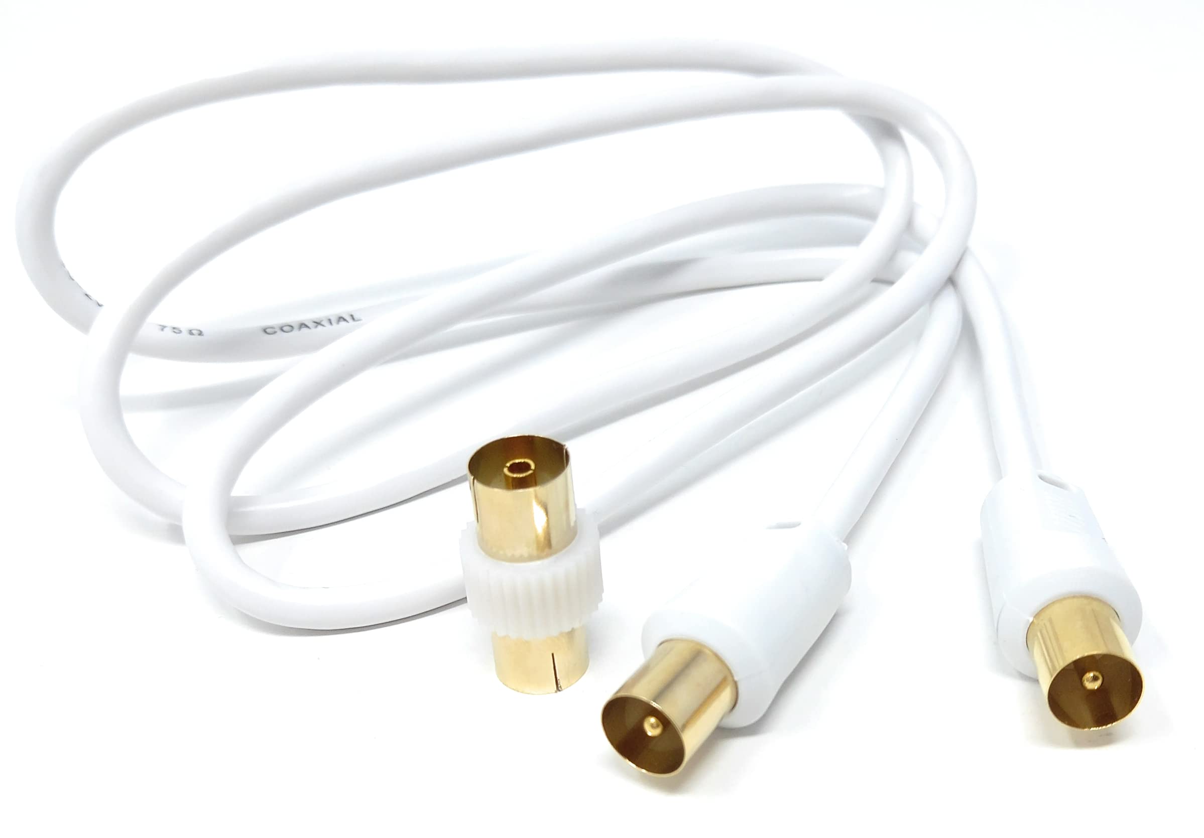 DRUT TV RF Male to Male Aerial Antenna Coaxial Cable With Female to Female Coupler, Gold Connectors 75 ohm, 3C2V