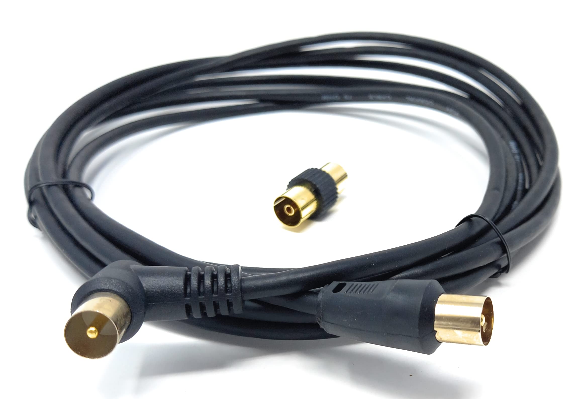 DRUT TV RF Right Angle Male to Male Aerial Antenna Coaxial Cable With Female to Female Coupler Gold Connectors 75 ohm, 3C2V